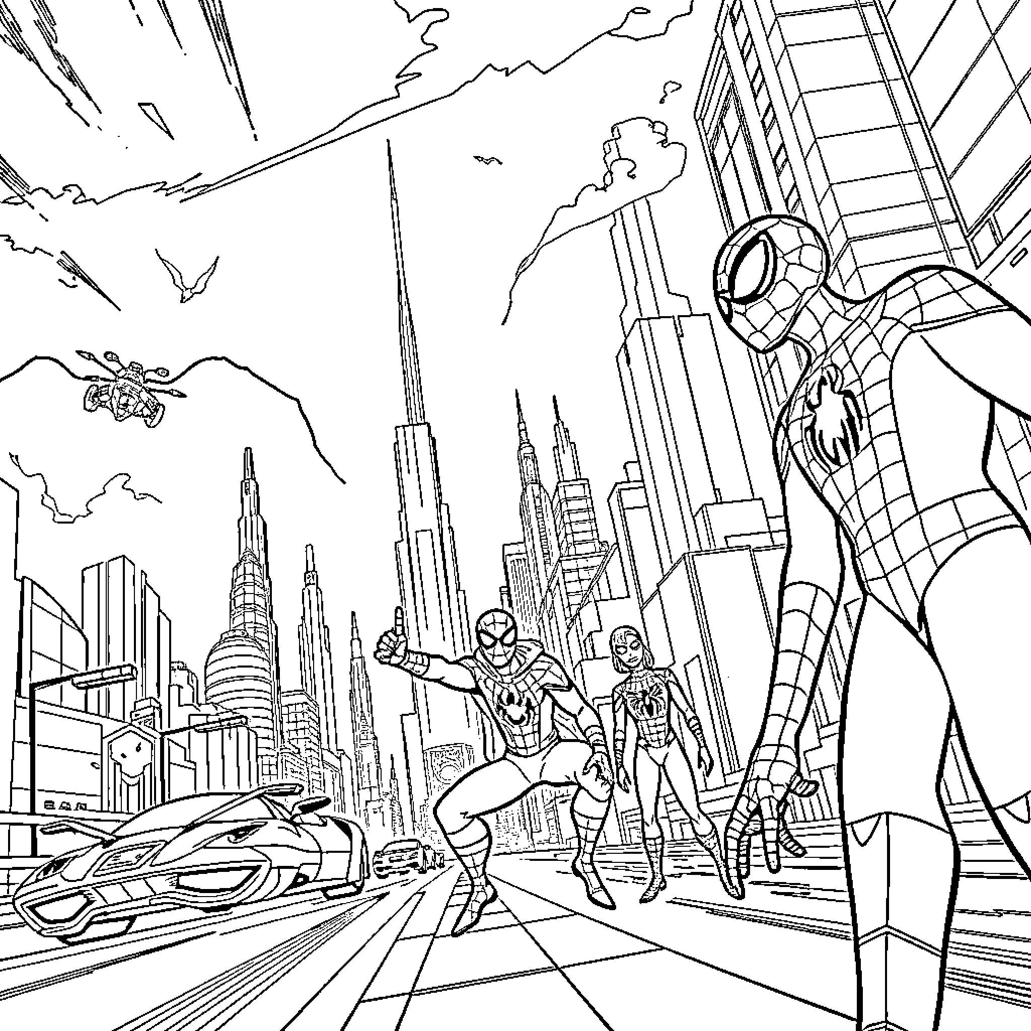 Spiderman swinging through the city with villains Coloring Page (free black-and-white line drawing printable PDF for all, from beginners to advanced learners, including children, teens, adults, and seniors)