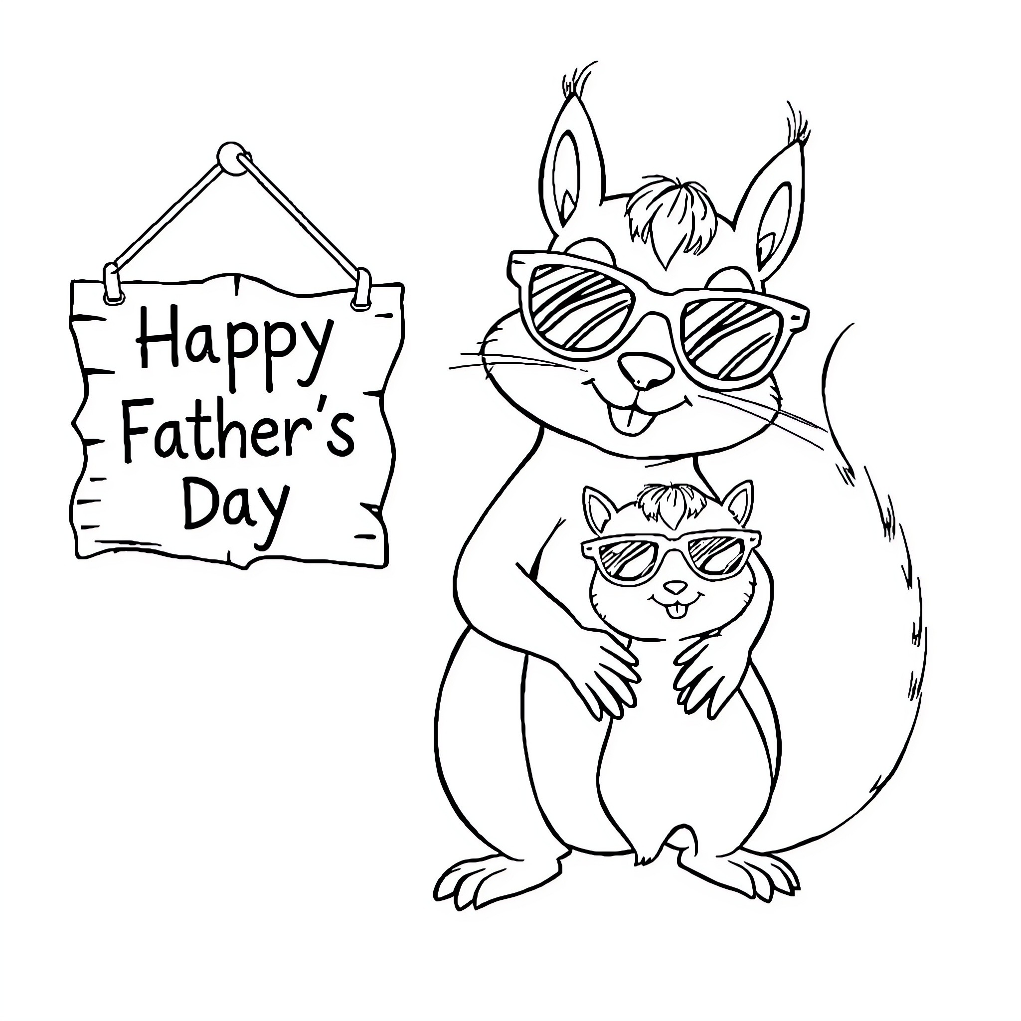 Squirrels celebrating Father's Day with sign Coloring Page (free black-and-white line drawing printable PDF for all, from beginners to advanced learners, including children, teens, adults, and seniors)