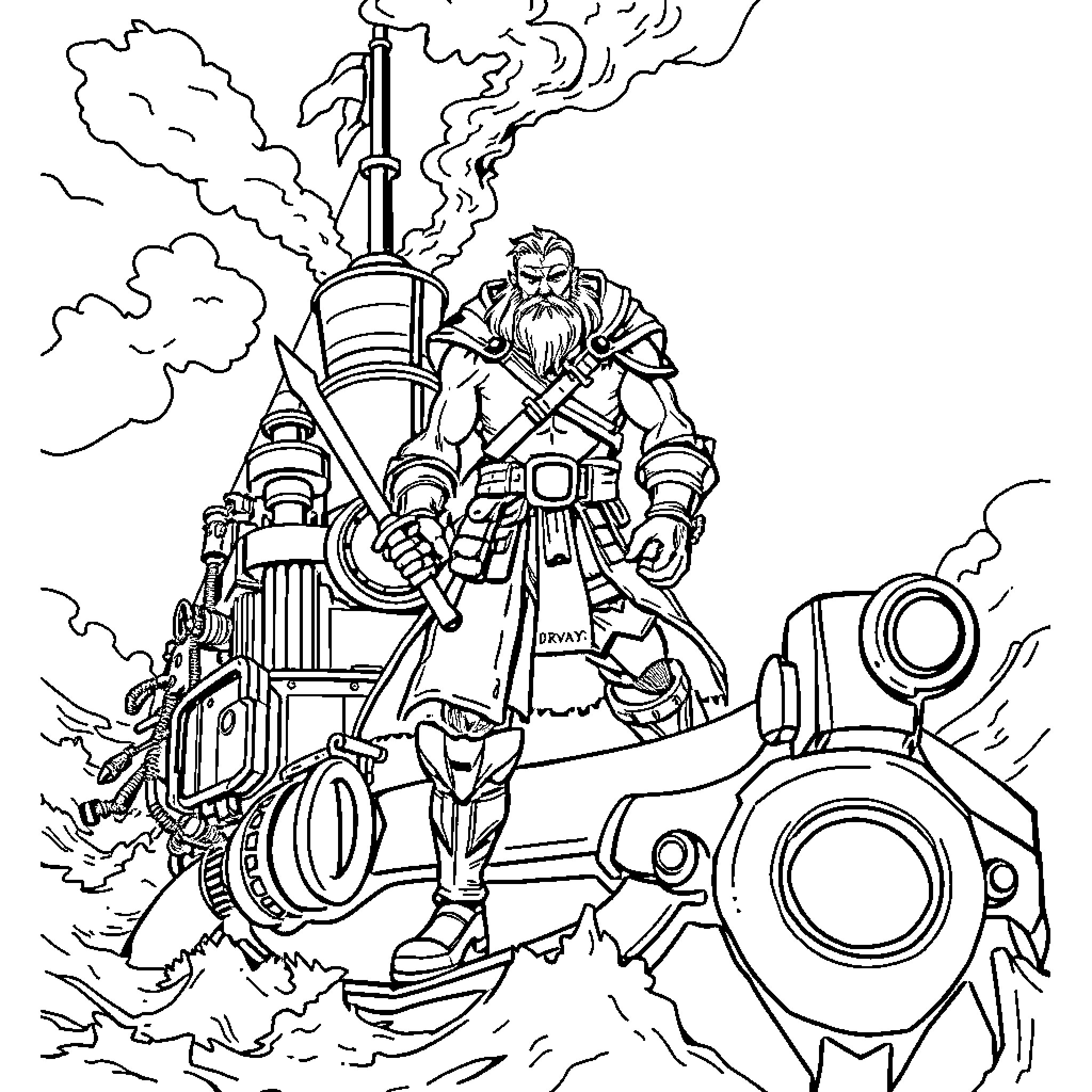 Battle Boat Warrior Wielding Powerful Weapon Coloring Page (free black-and-white line drawing printable PDF for all, from beginners to advanced learners, including children, teens, adults, and seniors)