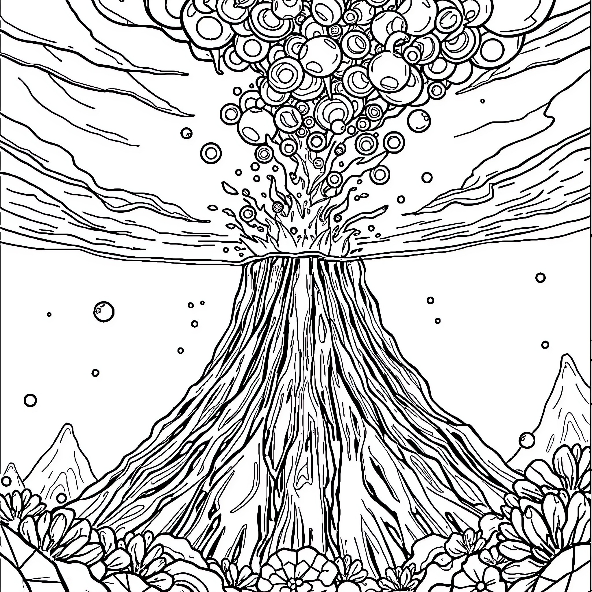 Volcano erupting with abstract patterns Coloring Page (free black-and-white line drawing printable PDF for all, from beginners to advanced learners, including children, teens, adults, and seniors)
