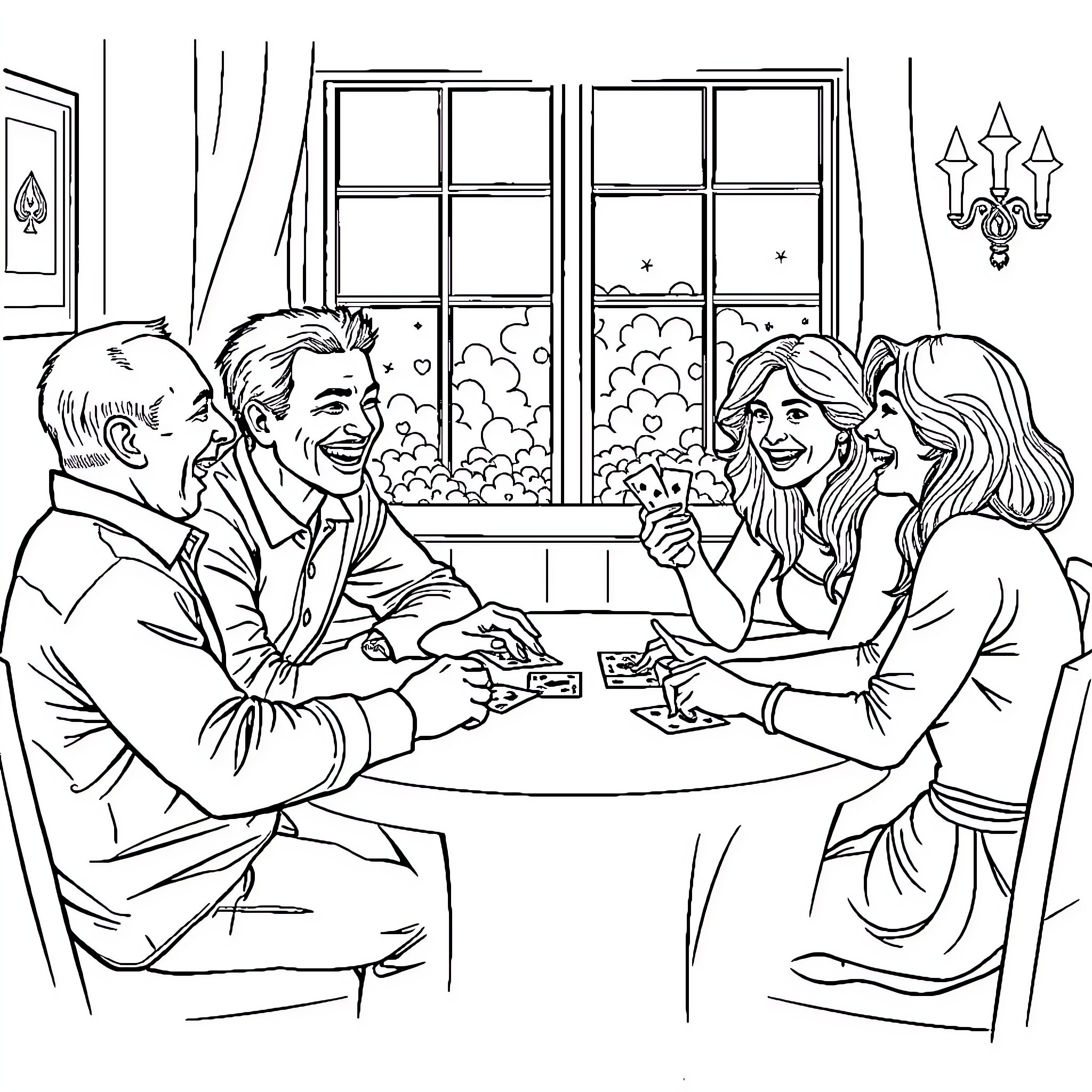 Playing Card Game with Friends in Cozy Living Room Coloring Page (free black-and-white line drawing printable PDF for all, from beginners to advanced learners, including children, teens, adults, and seniors)