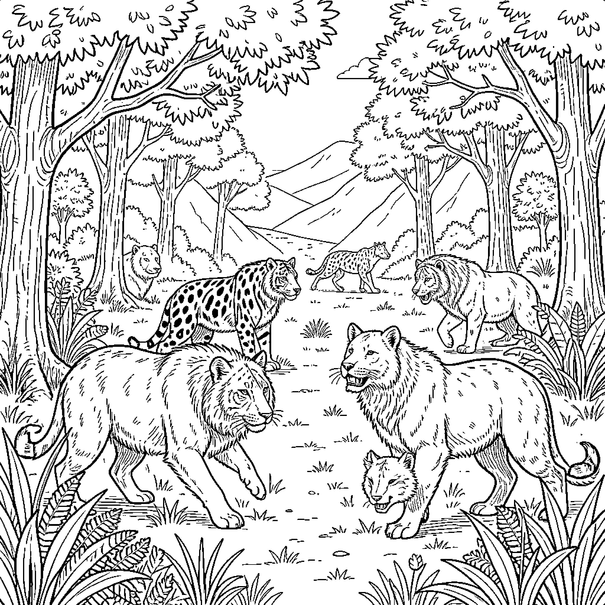 Animals exploring the natural forest landscape Coloring Page (free black-and-white line drawing printable PDF for all, from beginners to advanced learners, including children, teens, adults, and seniors)