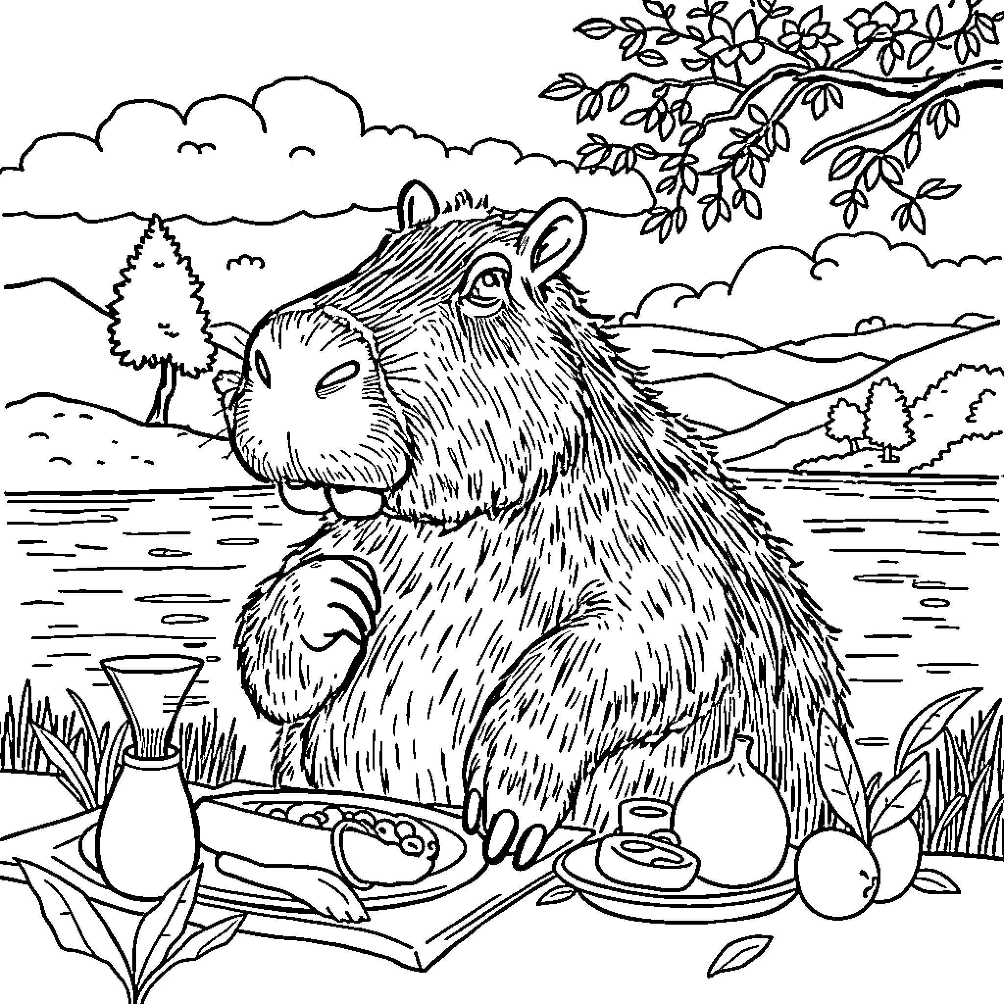 Capybara relaxing in the countryside Coloring Page (free black-and-white line drawing printable PDF for all, from beginners to advanced learners, including children, teens, adults, and seniors)