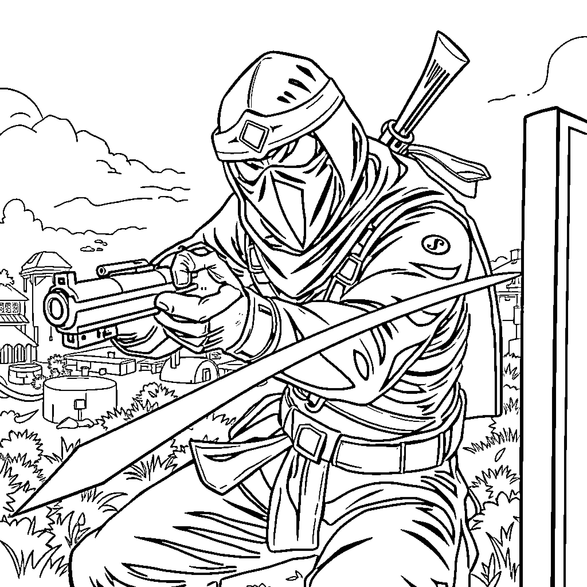 Ninja warrior brandishing weapons in battle scene Coloring Page (free black-and-white line drawing printable PDF for all, from beginners to advanced learners, including children, teens, adults, and seniors)