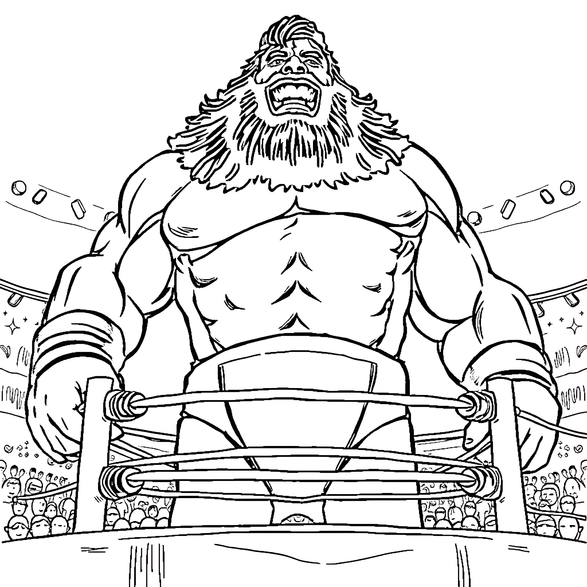 André the Fierce Wrestler Roars in the Ring Coloring Page (free black-and-white line drawing printable PDF for all, from beginners to advanced learners, including children, teens, adults, and seniors)