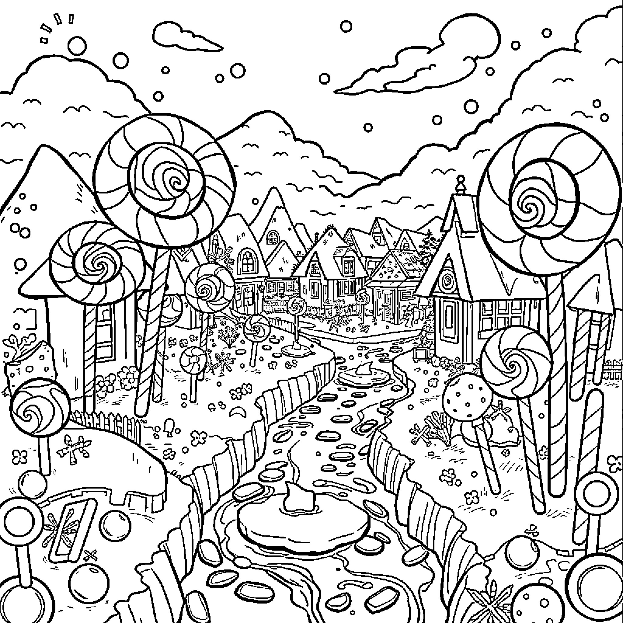 Candy Coated Countryside Adventure Coloring Page (free black-and-white line drawing printable PDF for all, from beginners to advanced learners, including children, teens, adults, and seniors)