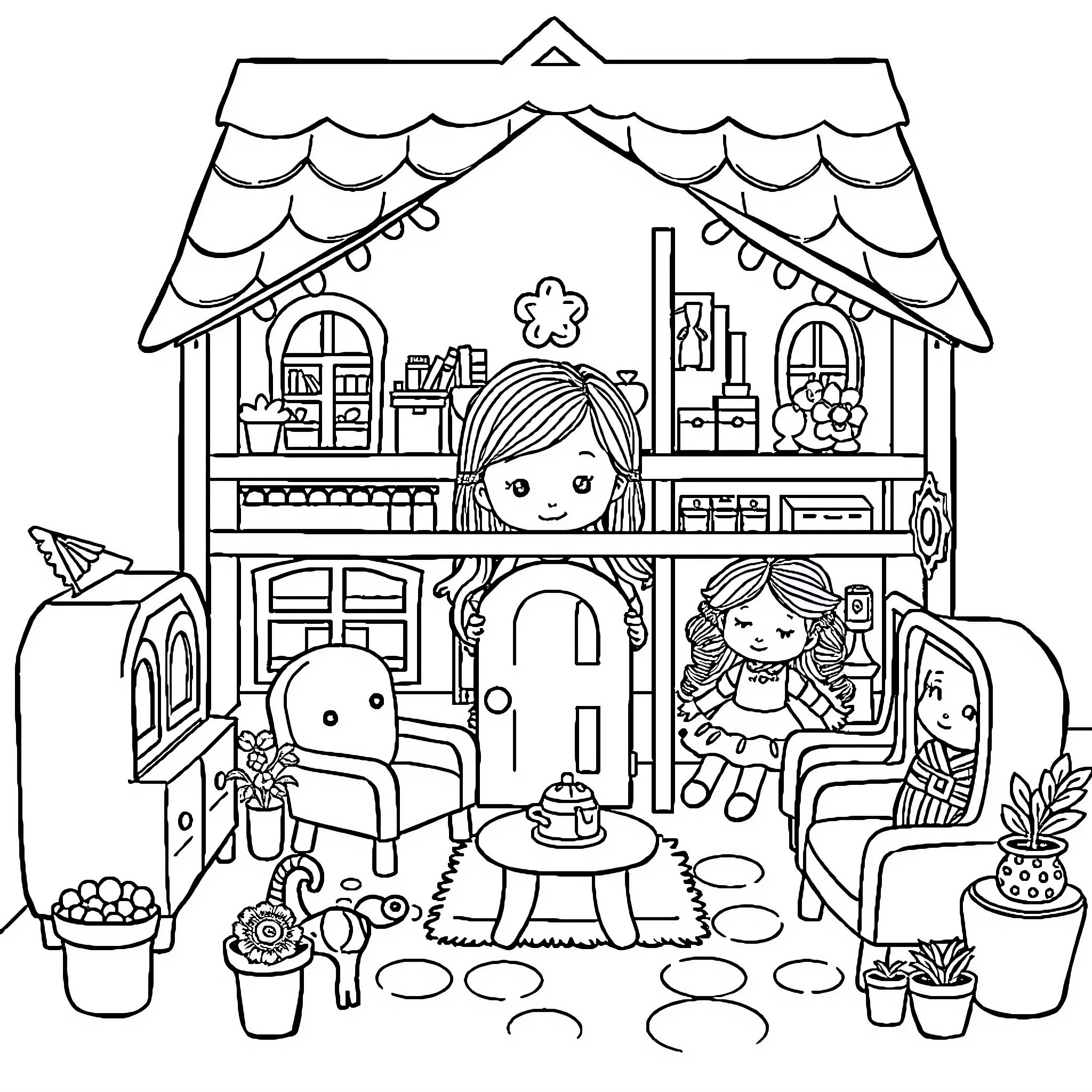 Dollhouse with toys and miniature figures Coloring Page (free black-and-white line drawing printable PDF for all, from beginners to advanced learners, including children, teens, adults, and seniors)