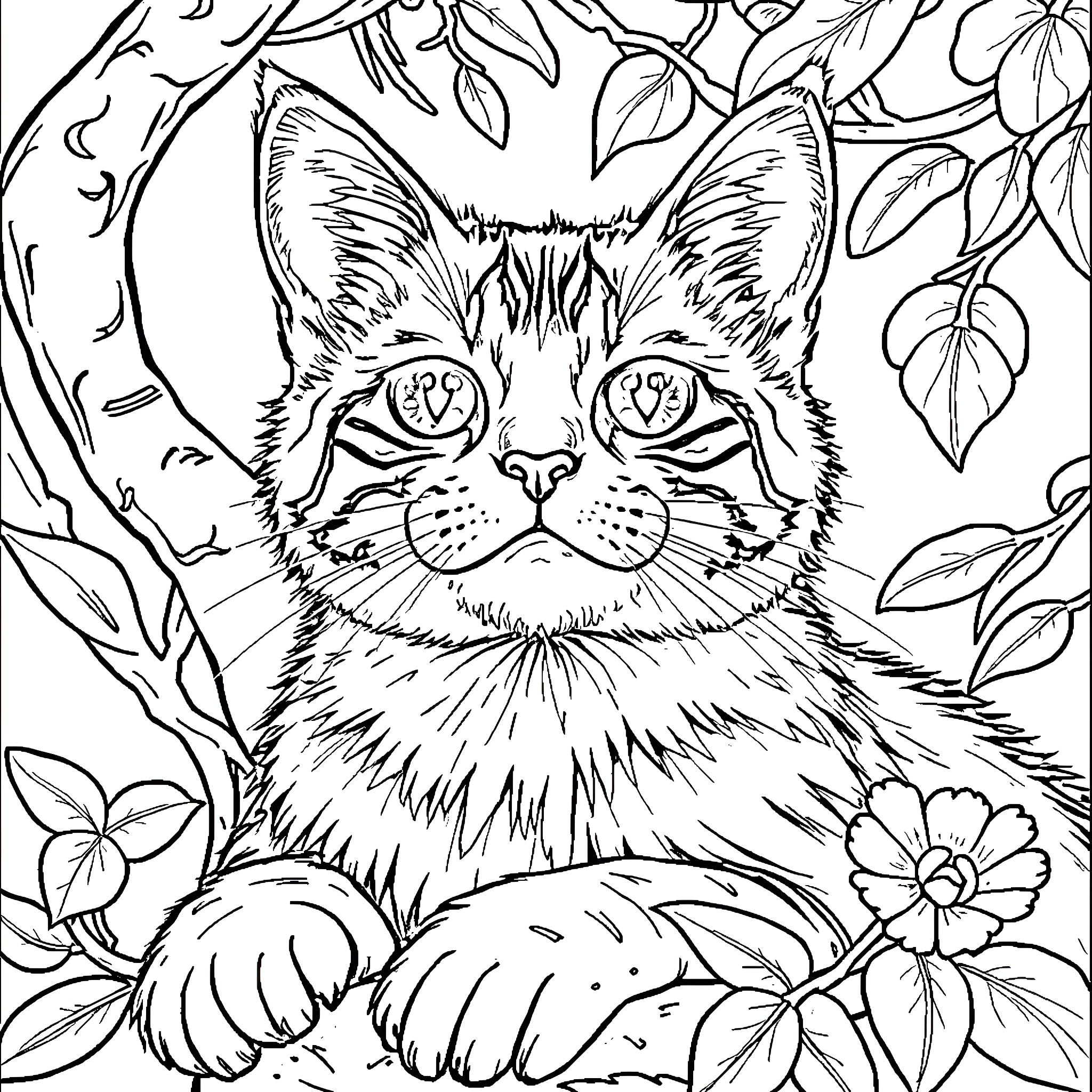 Cat amid floral foliage Coloring Page (free black-and-white line drawing printable PDF for all, from beginners to advanced learners, including children, teens, adults, and seniors)