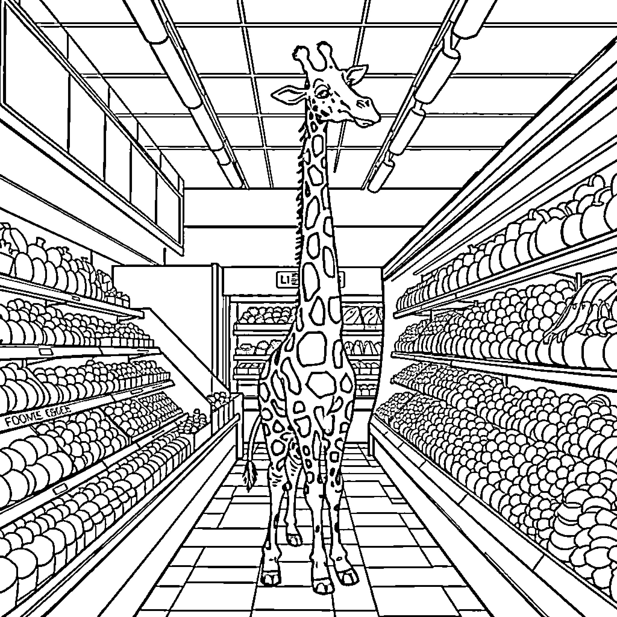 Giraffe exploring the aisles of a grocery store Coloring Page (free black-and-white line drawing printable PDF for all, from beginners to advanced learners, including children, teens, adults, and seniors)