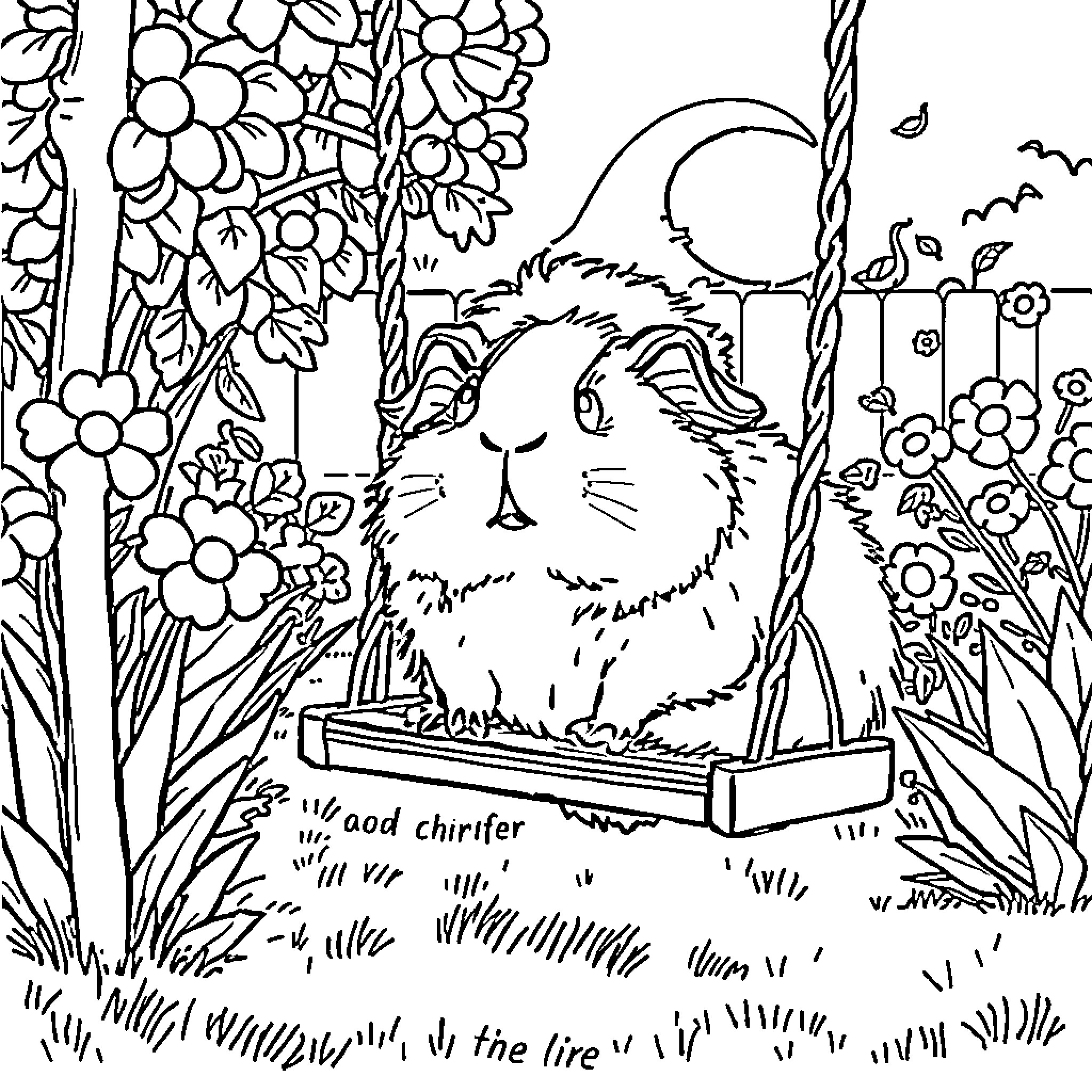 Guinea Pig Relaxing on a Swing in a Floral Garden Coloring Page (free black-and-white line drawing printable PDF for all, from beginners to advanced learners, including children, teens, adults, and seniors)