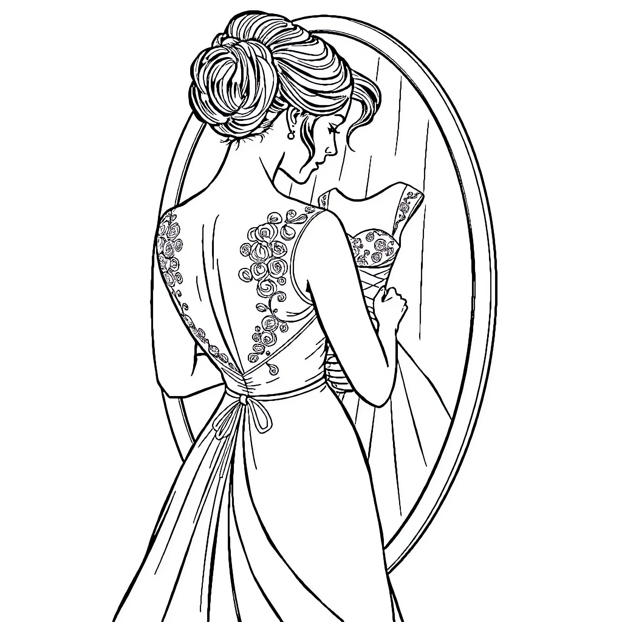 Woman in Elegant Floral Dress Posing Coloring Page (free black-and-white line drawing printable PDF for all, from beginners to advanced learners, including children, teens, adults, and seniors)