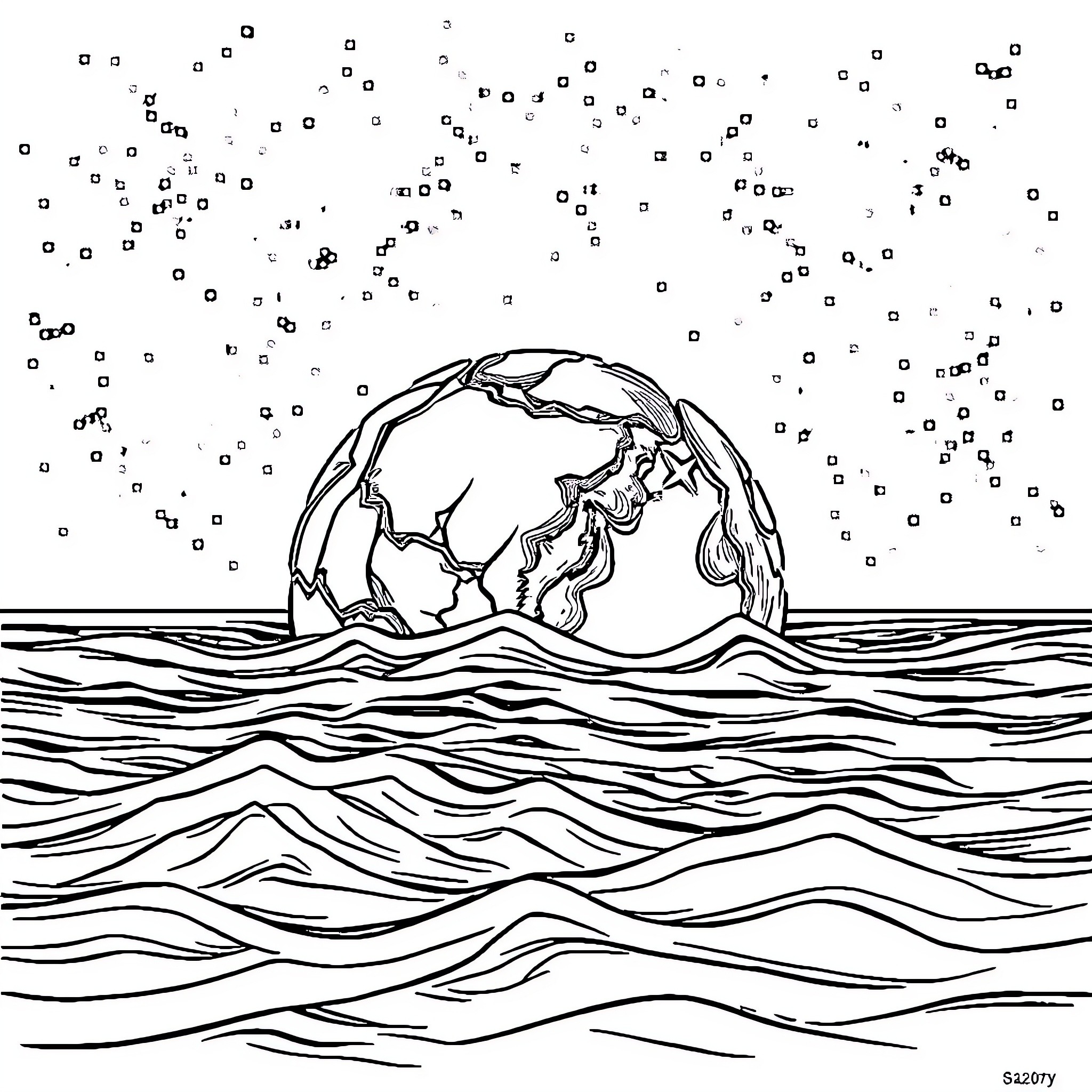 Earth floating above the ocean waves Coloring Page (free black-and-white line drawing printable PDF for all, from beginners to advanced learners, including children, teens, adults, and seniors)