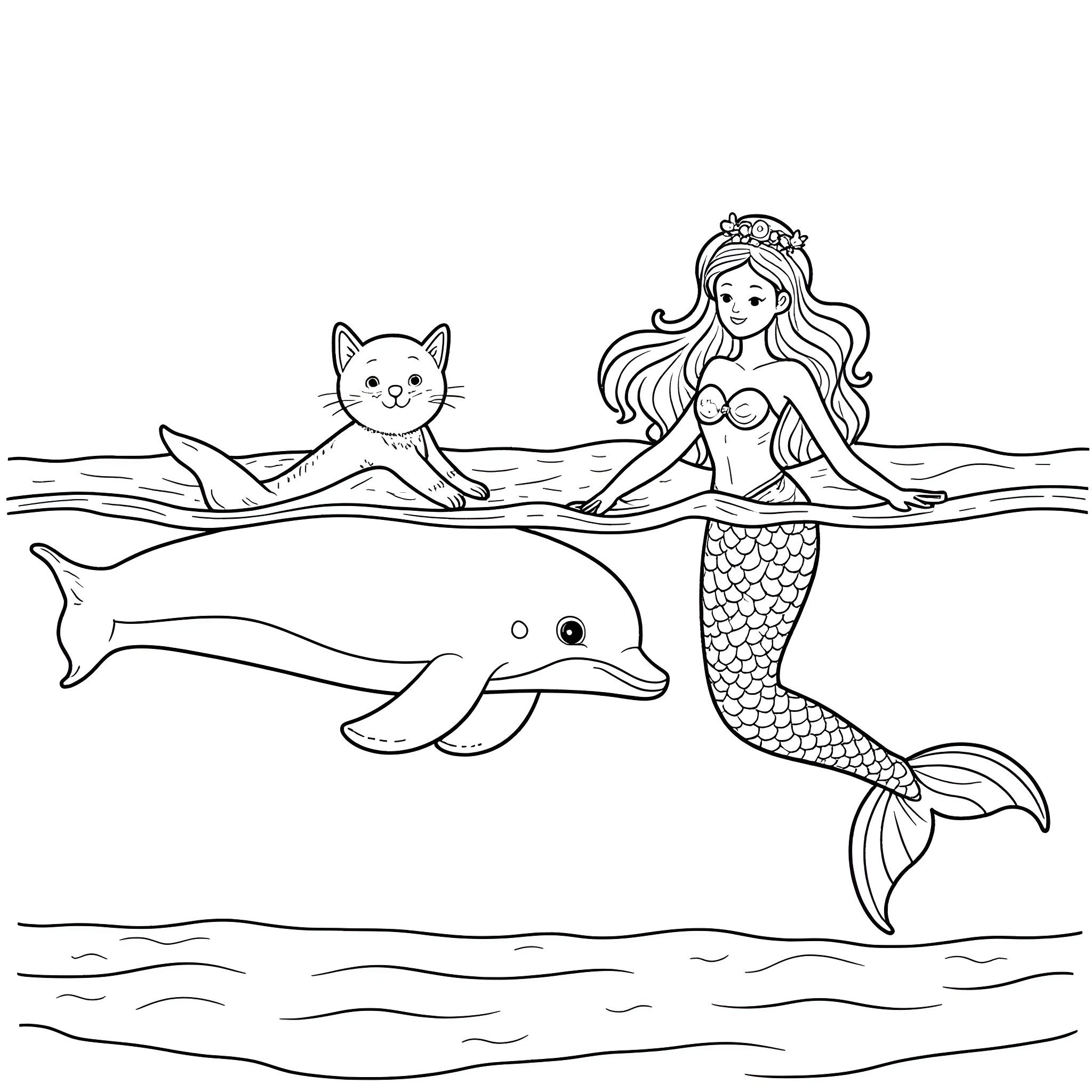 Kitten and mermaid swimming with dolphin in the ocean Coloring Page (free black-and-white line drawing printable PDF for all, from beginners to advanced learners, including children, teens, adults, and seniors)