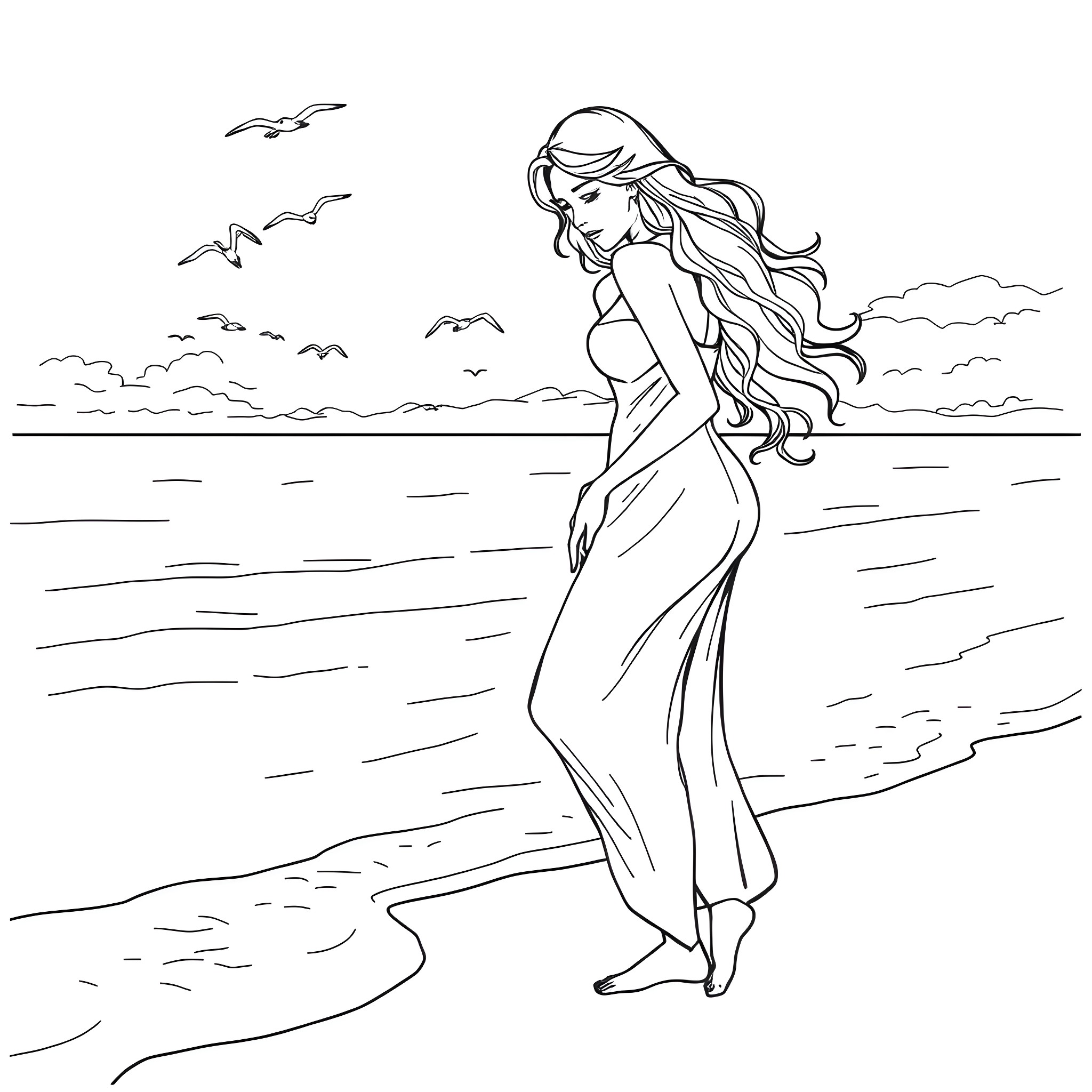 Woman strolling on the beach with flowing dress Coloring Page (free black-and-white line drawing printable PDF for all, from beginners to advanced learners, including children, teens, adults, and seniors)