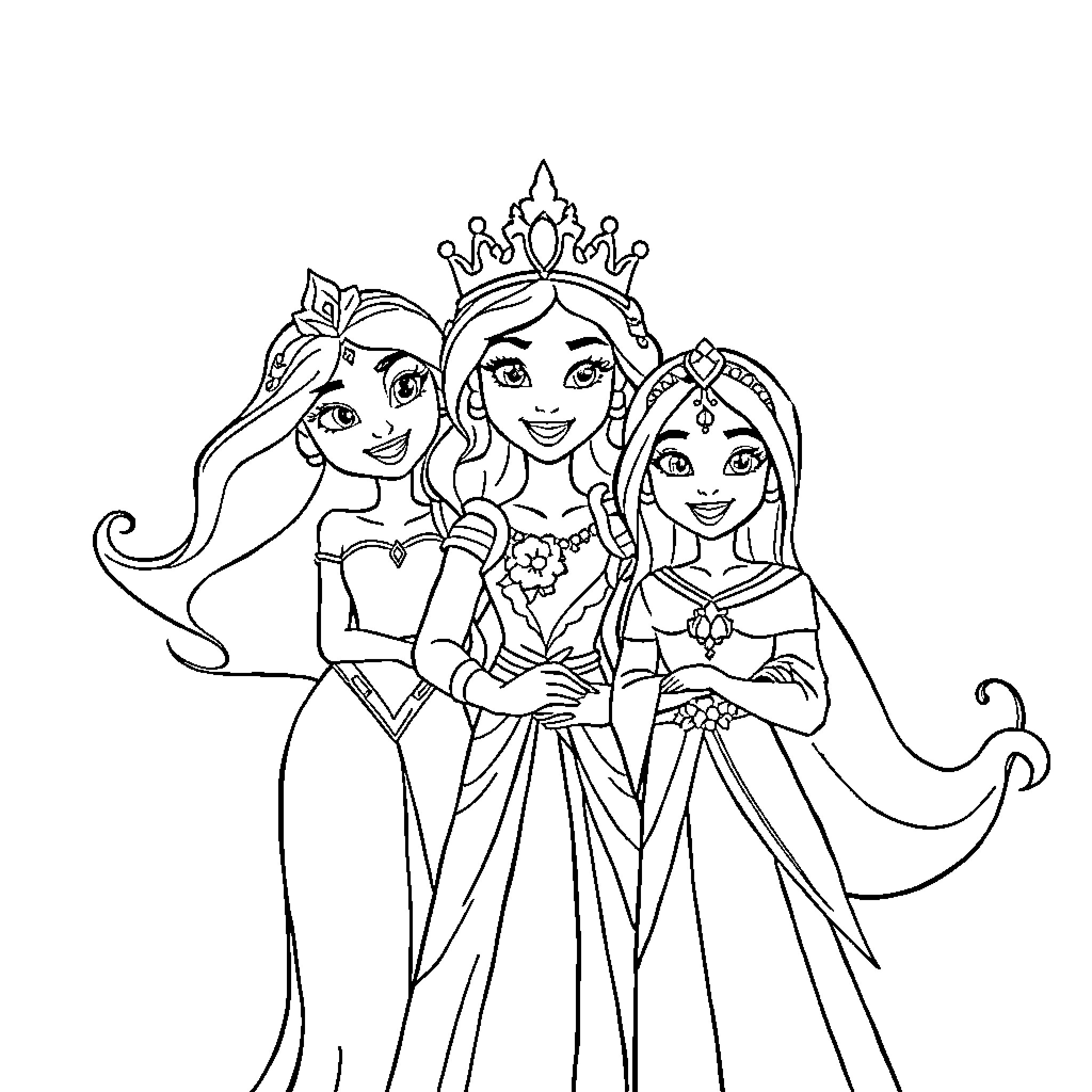 Wish for a Royal Celebration with Princesses Coloring Page (free black-and-white line drawing printable PDF for all, from beginners to advanced learners, including children, teens, adults, and seniors)
