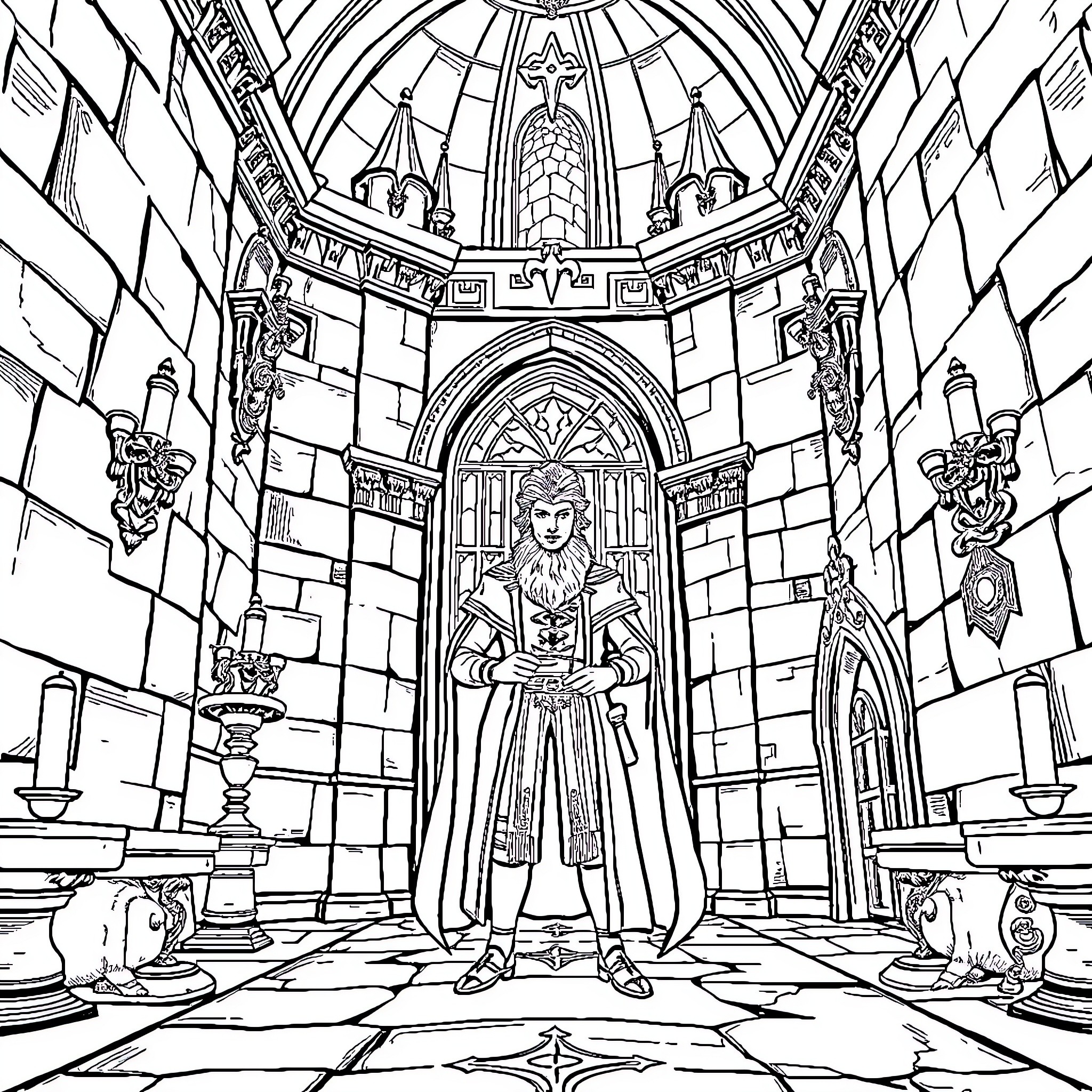 Doctor Standing in Ornate Castle Hallway Coloring Page (free black-and-white line drawing printable PDF for all, from beginners to advanced learners, including children, teens, adults, and seniors)