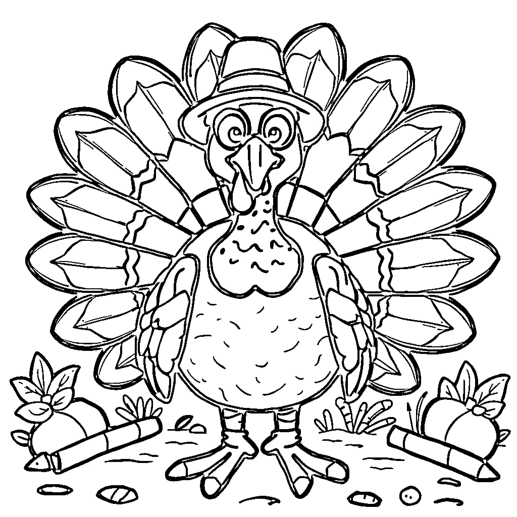 Turkey with comical expression in a festive setting Coloring Page (free black-and-white line drawing printable PDF for all, from beginners to advanced learners, including children, teens, adults, and seniors)