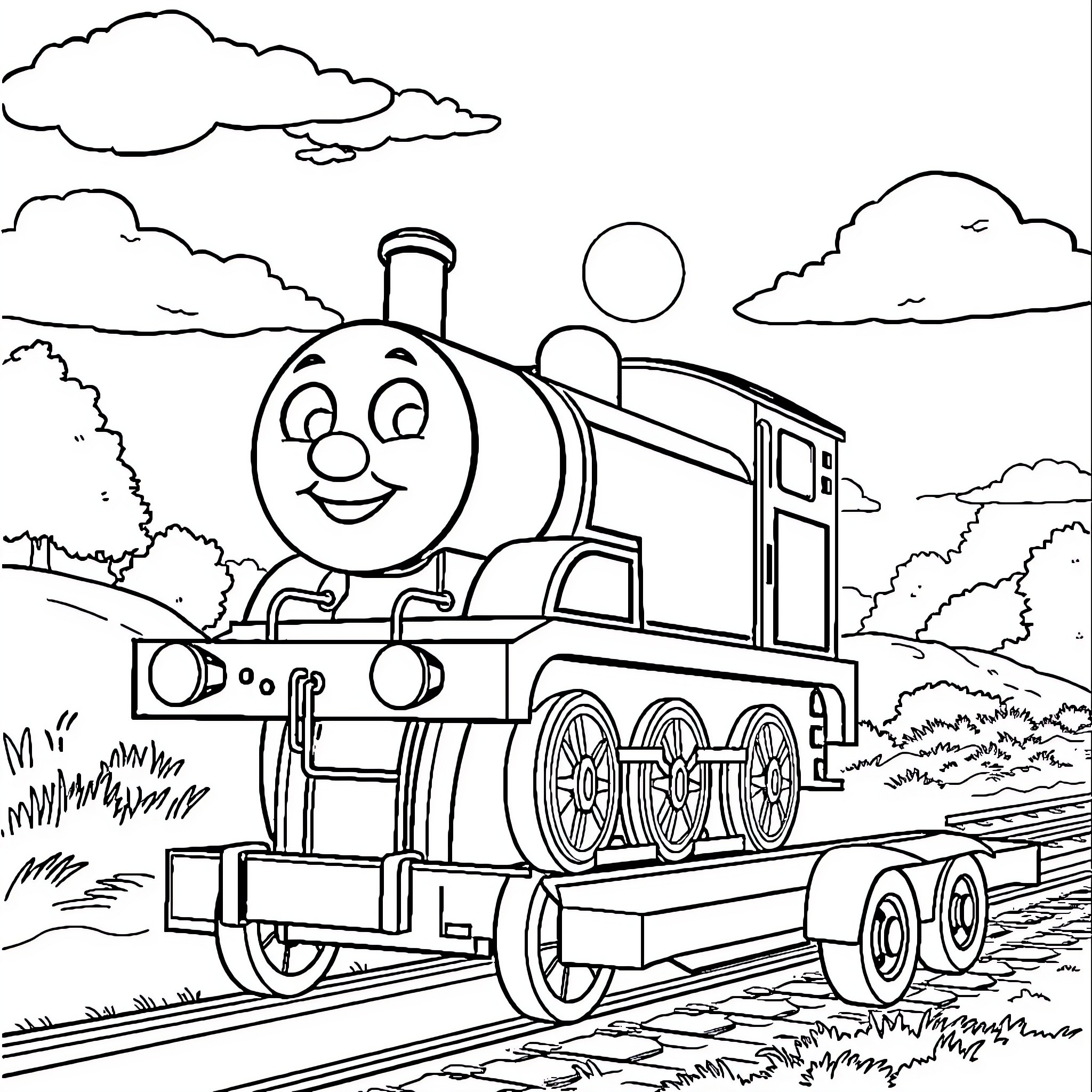 Thomas the Train enjoying a scenic railway journey Coloring Page (free black-and-white line drawing printable PDF for all, from beginners to advanced learners, including children, teens, adults, and seniors)