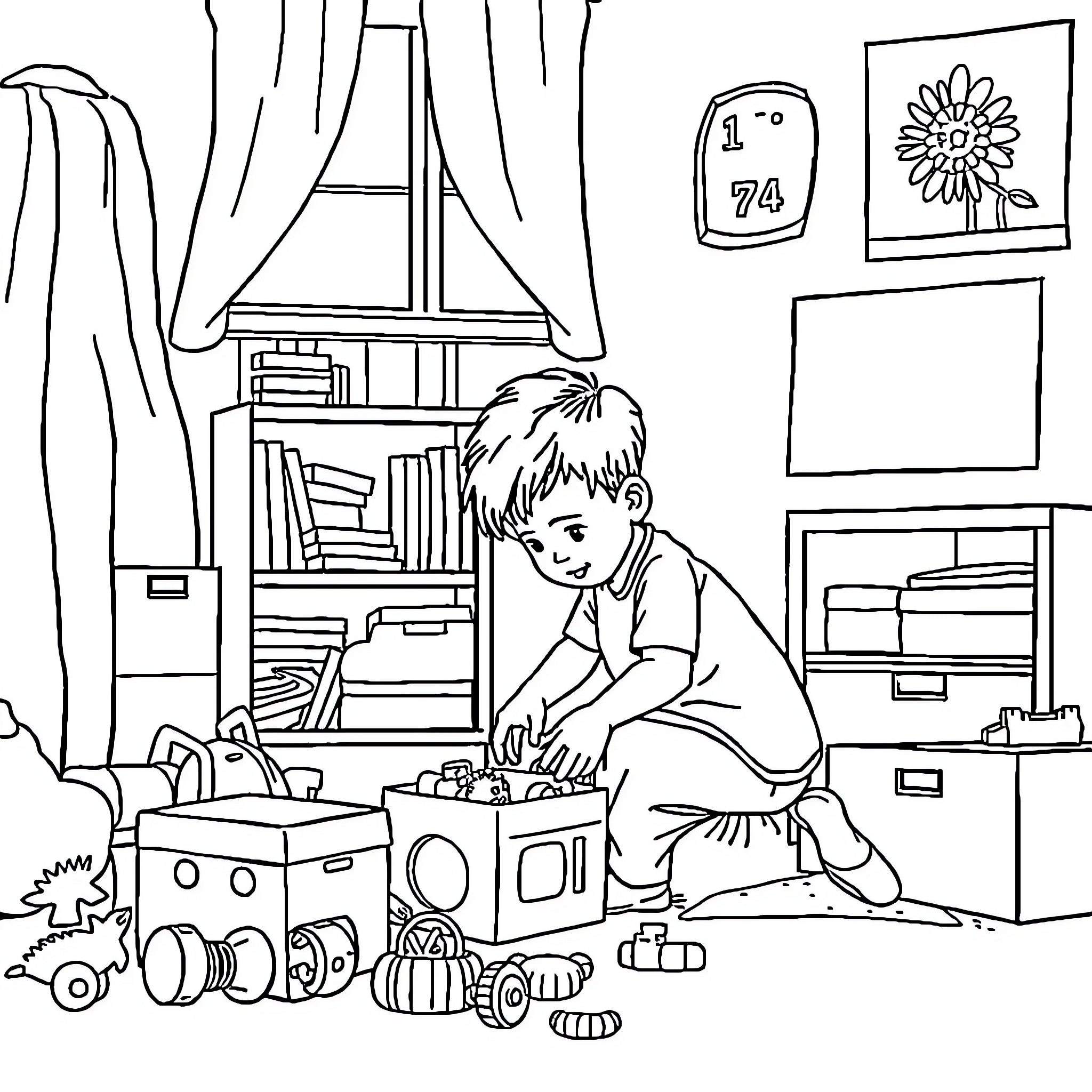 Kid playing with toys in a cozy room Coloring Page (free black-and-white line drawing printable PDF for all, from beginners to advanced learners, including children, teens, adults, and seniors)