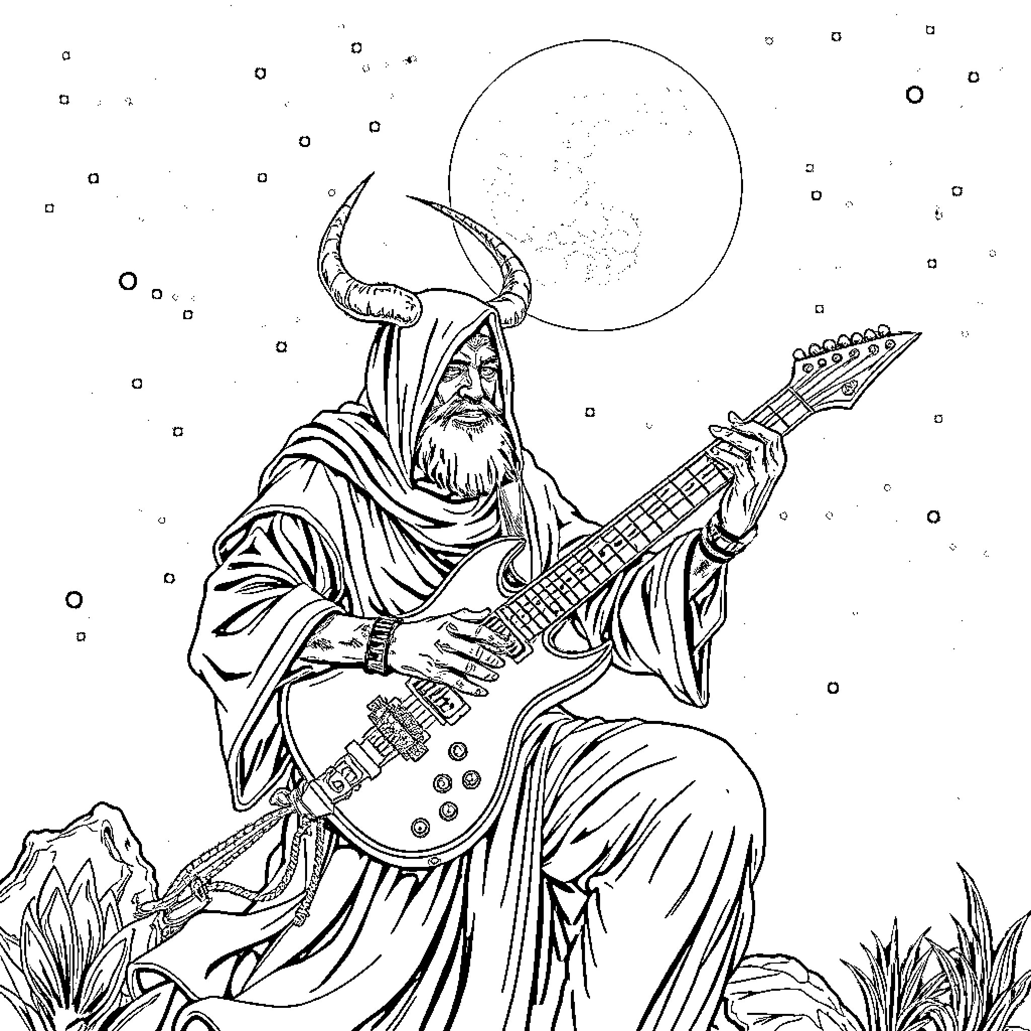 Demon Hunter playing guitar under the moonlight Coloring Page (free black-and-white line drawing printable PDF for all, from beginners to advanced learners, including children, teens, adults, and seniors)