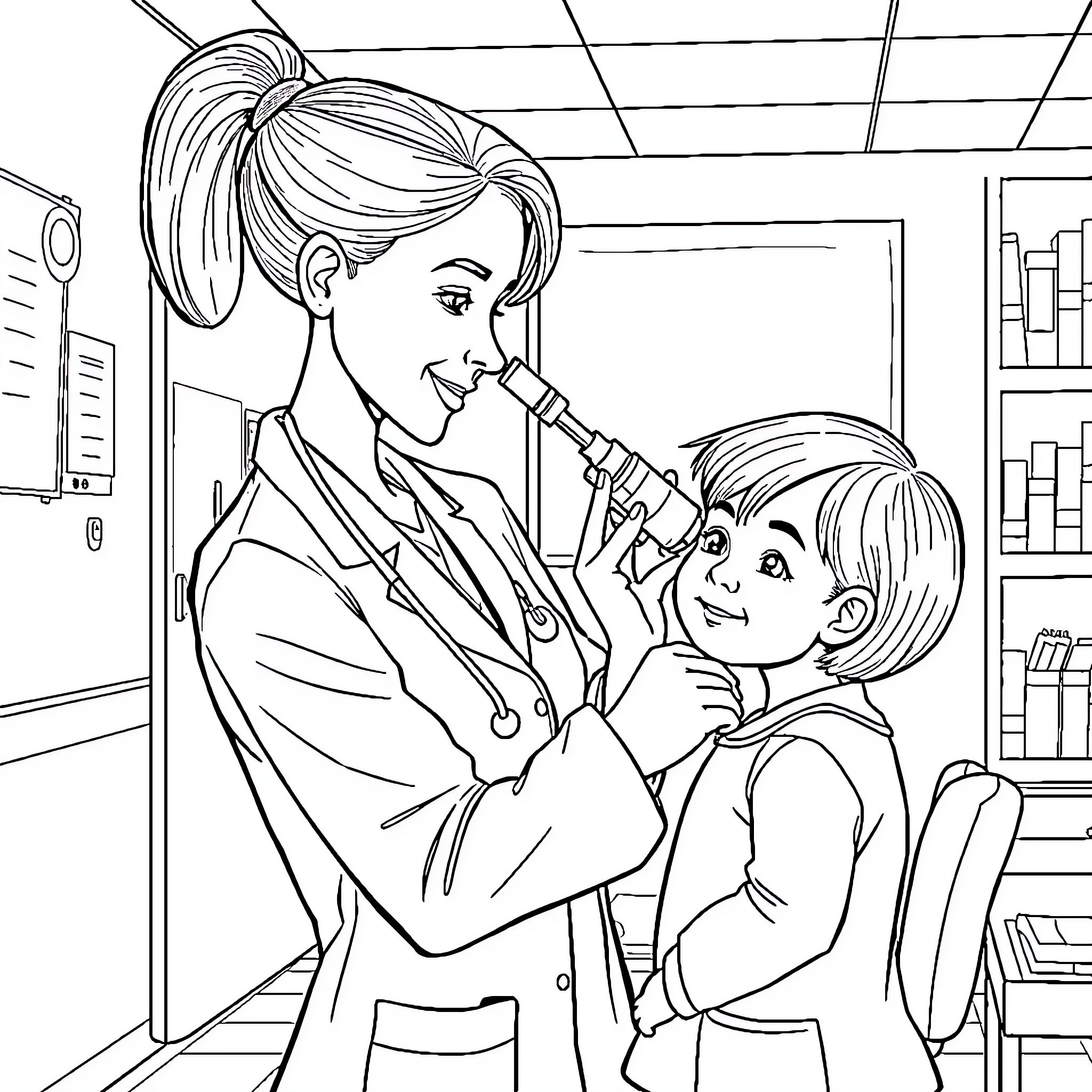 Doctor providing care and examination to young patient Coloring Page (free black-and-white line drawing printable PDF for all, from beginners to advanced learners, including children, teens, adults, and seniors)