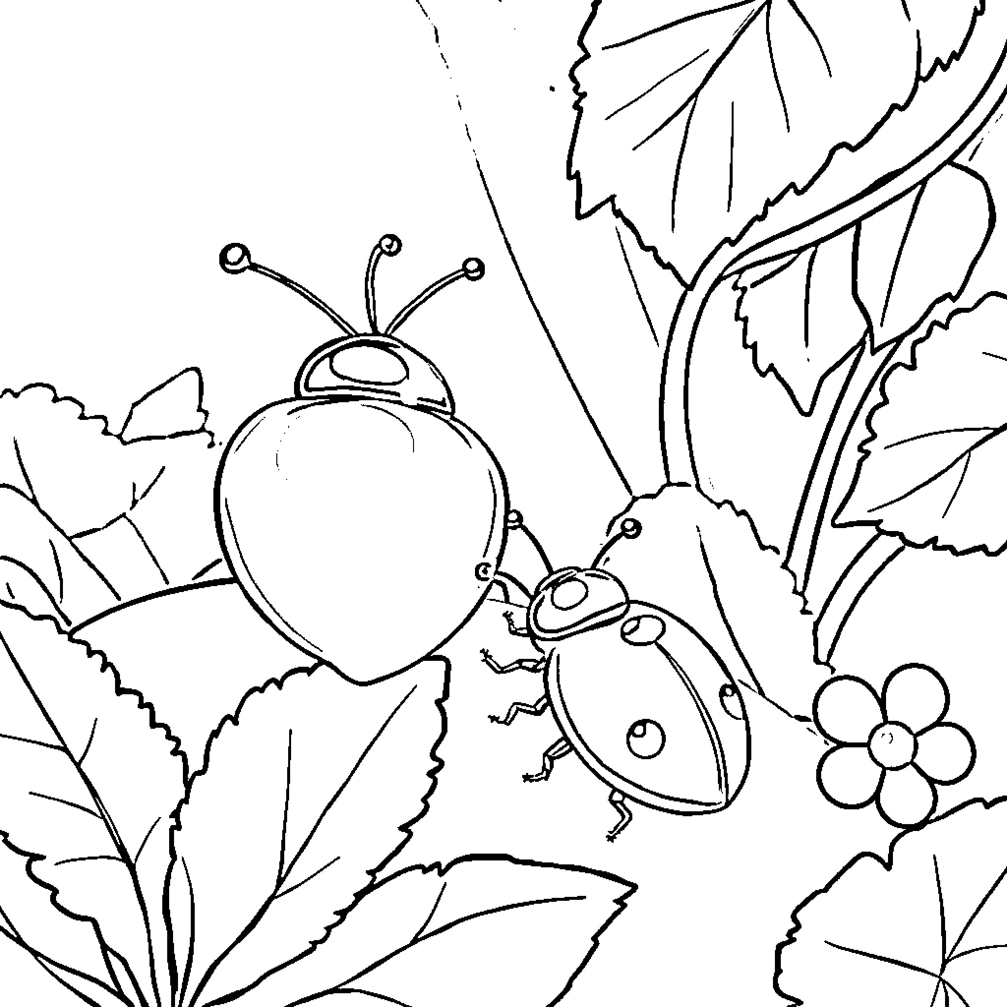 Strawberry Bugs Playing in the Garden Coloring Page (free black-and-white line drawing printable PDF for all, from beginners to advanced learners, including children, teens, adults, and seniors)