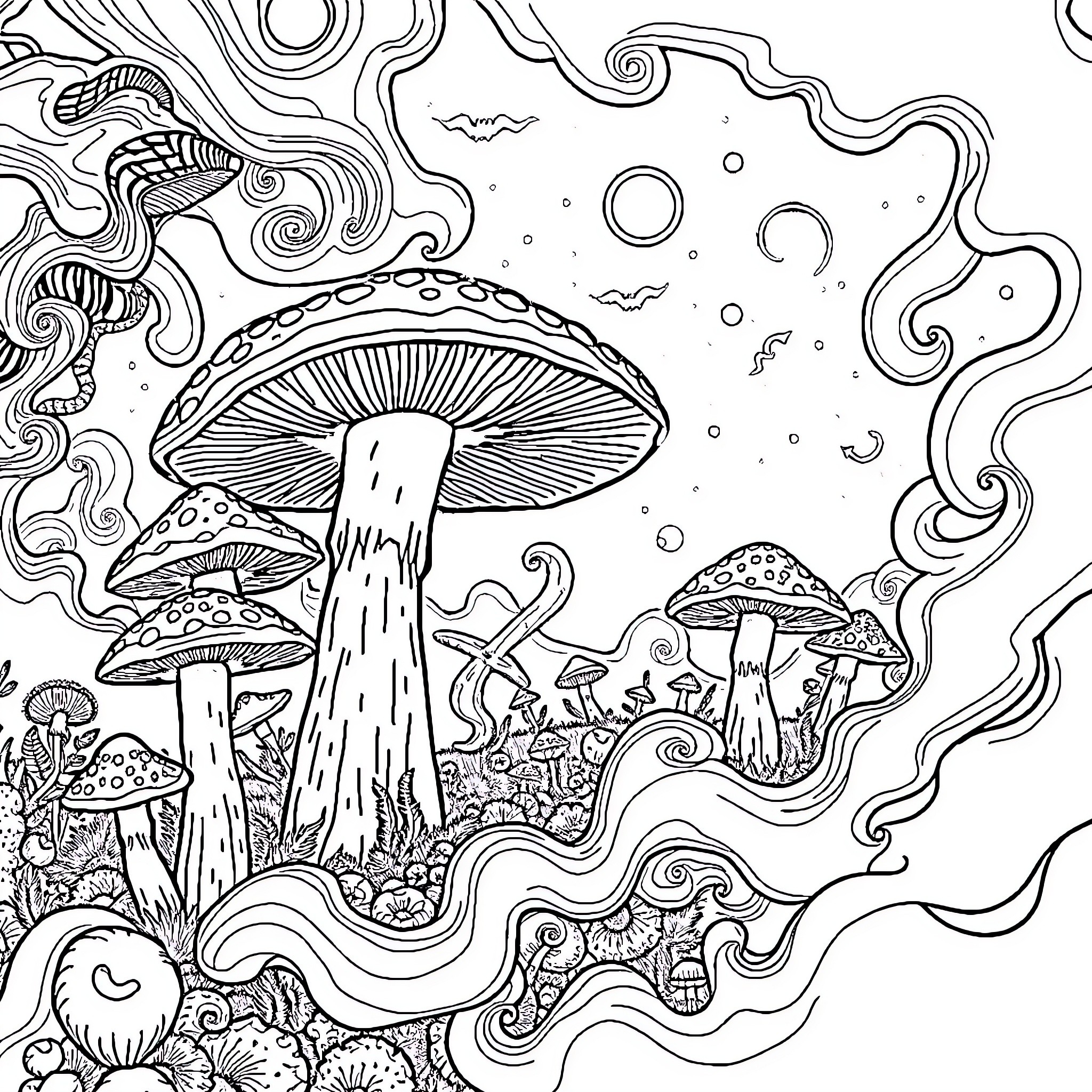 Mushroom Fantasia in Dreamlike Landscape Coloring Page (free black-and-white line drawing printable PDF for all, from beginners to advanced learners, including children, teens, adults, and seniors)