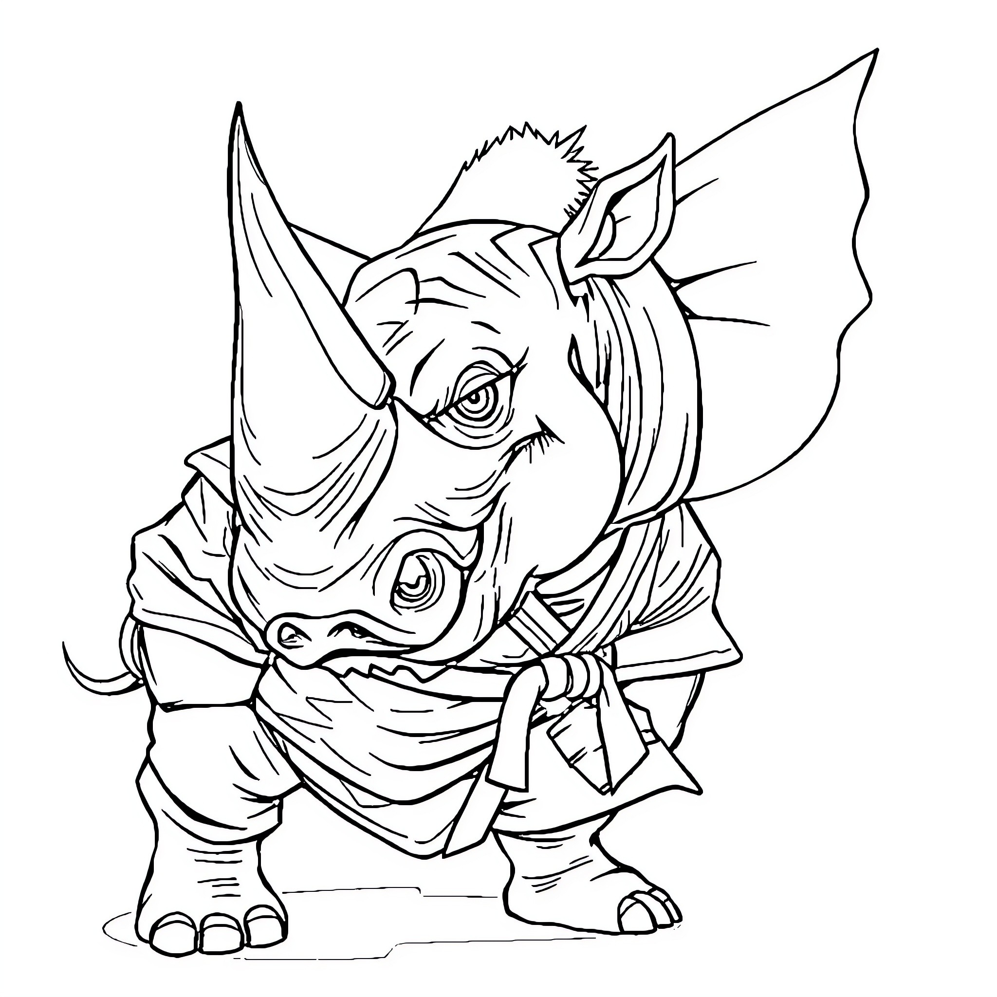 Rhino Warrior Charging Into Battle Coloring Page (free black-and-white line drawing printable PDF for all, from beginners to advanced learners, including children, teens, adults, and seniors)