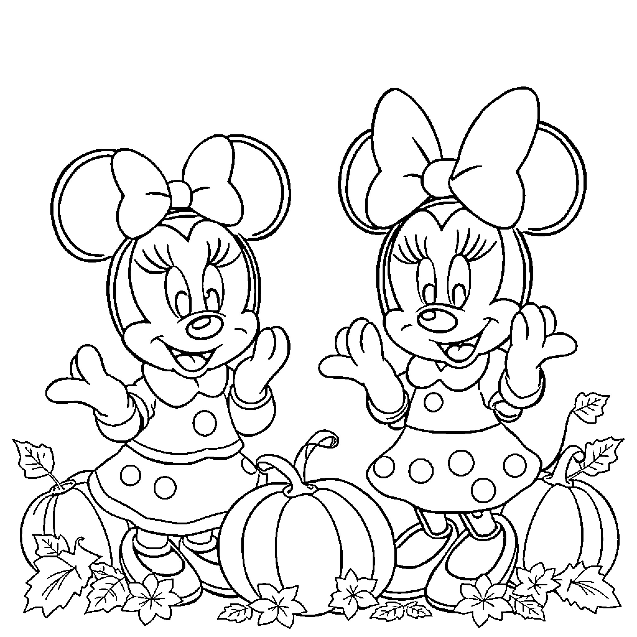 Minnie Mouse and Daisy Duck in Autumn Attire Coloring Page (free black-and-white line drawing printable PDF for all, from beginners to advanced learners, including children, teens, adults, and seniors)