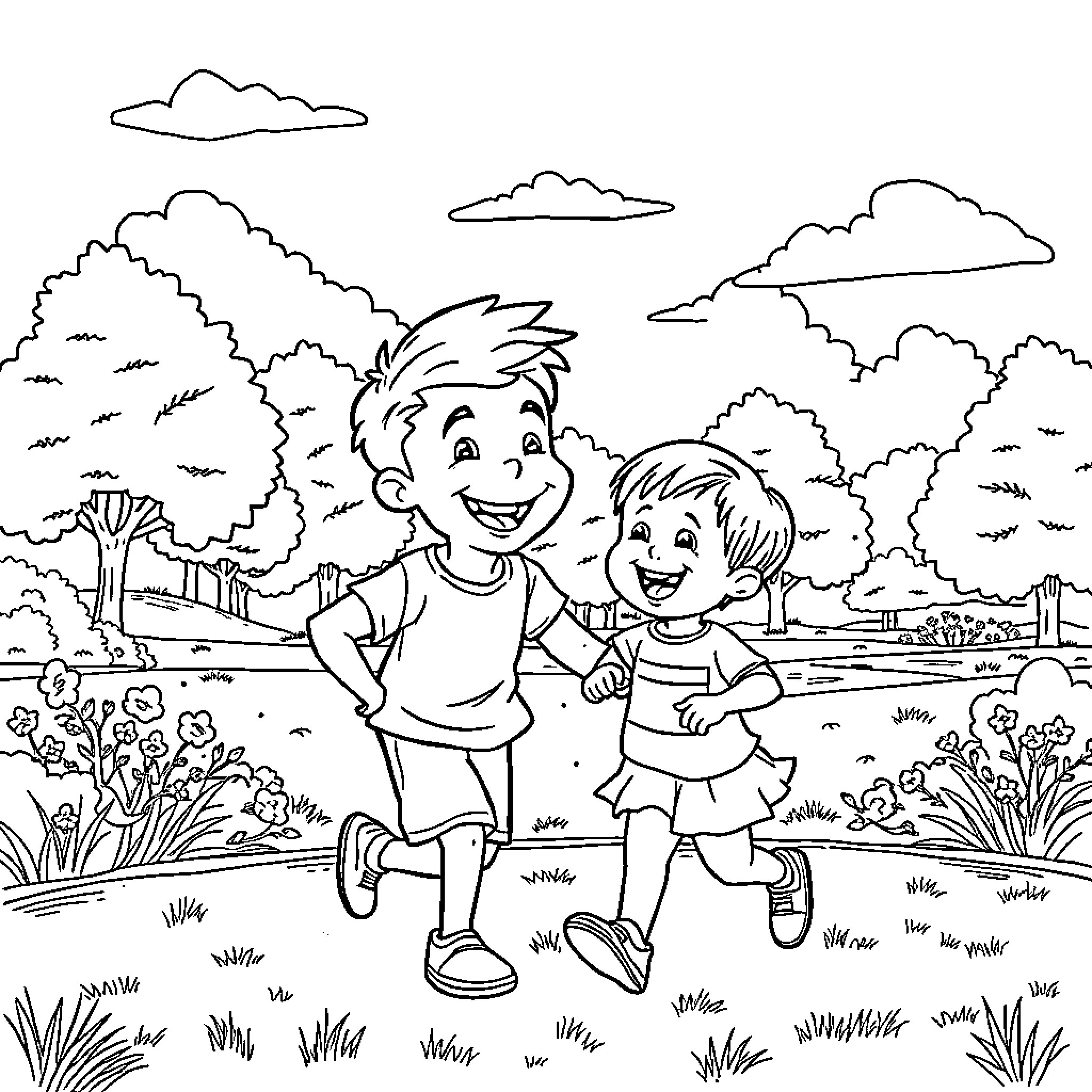 Ruben and friend play happily in a park Coloring Page (free black-and-white line drawing printable PDF for all, from beginners to advanced learners, including children, teens, adults, and seniors)