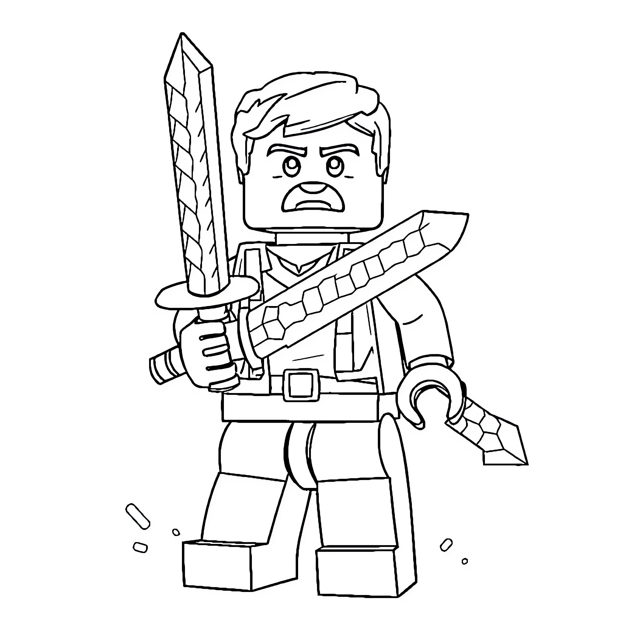 Lego Steve wielding a sword and shield Coloring Page (free black-and-white line drawing printable PDF for all, from beginners to advanced learners, including children, teens, adults, and seniors)