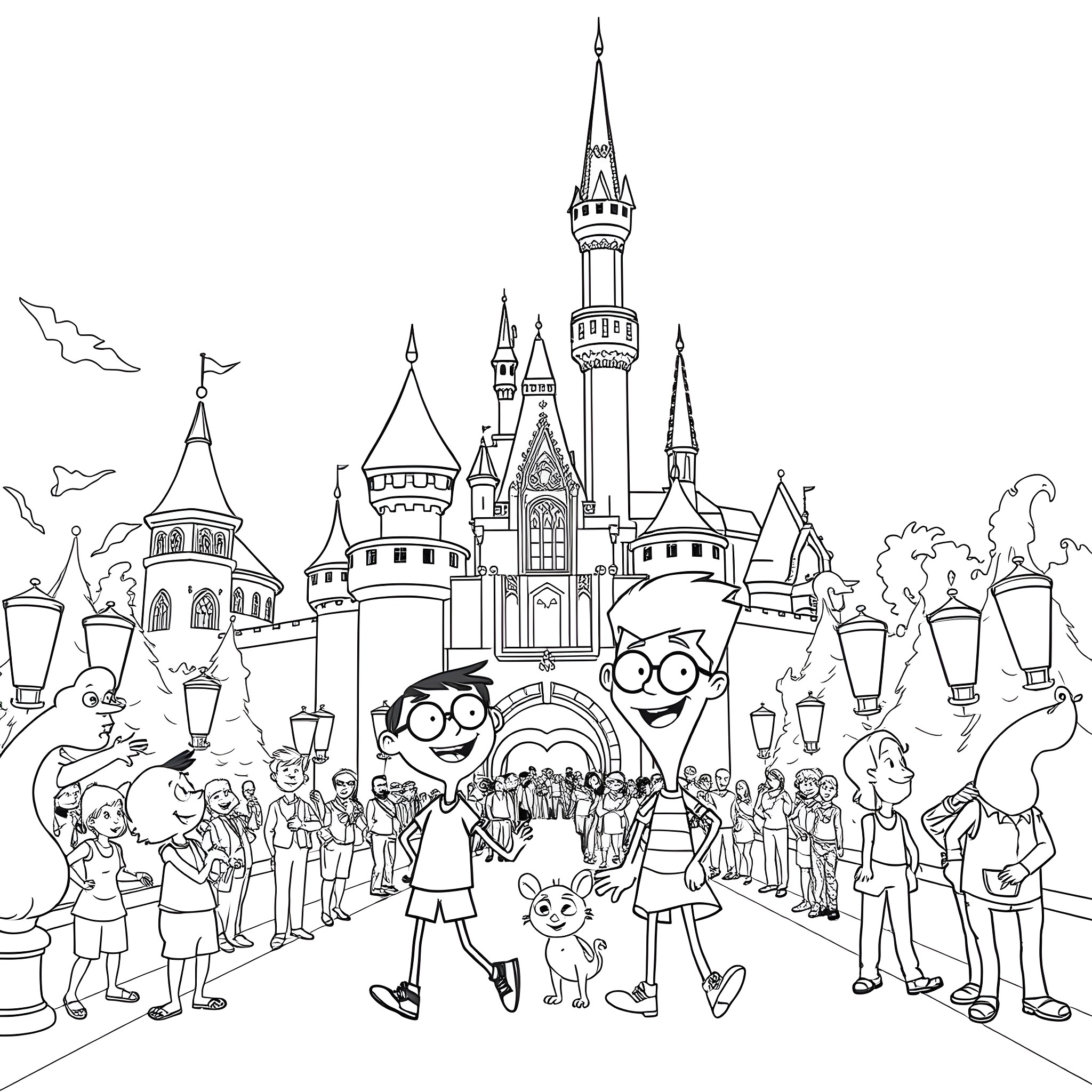Phineas and Ferb's Magical Castle Adventure Coloring Page (free black-and-white line drawing printable PDF for all, from beginners to advanced learners, including children, teens, adults, and seniors)