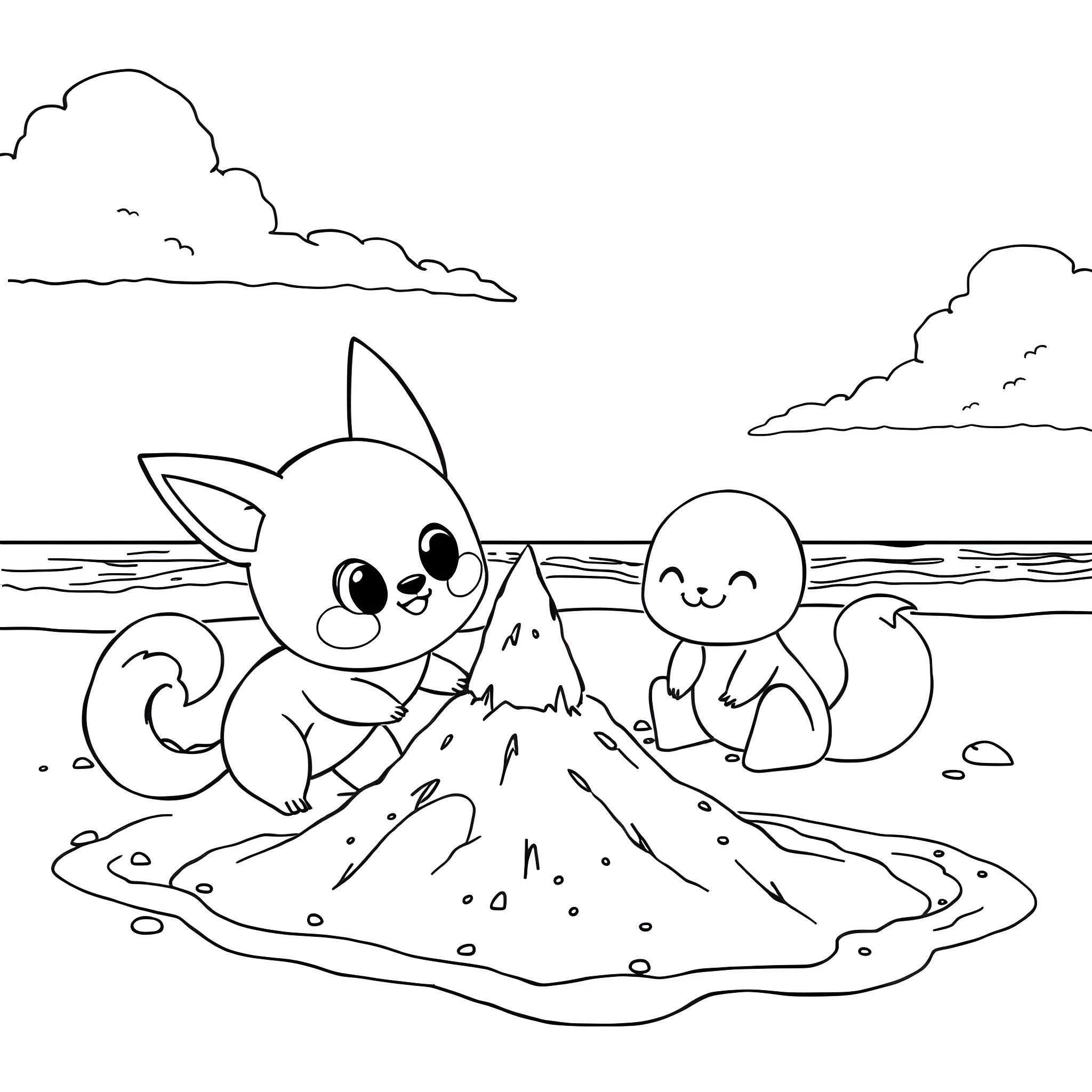 Kuromi playing on the beach with a cheerful companion Coloring Page (free black-and-white line drawing printable PDF for all, from beginners to advanced learners, including children, teens, adults, and seniors)