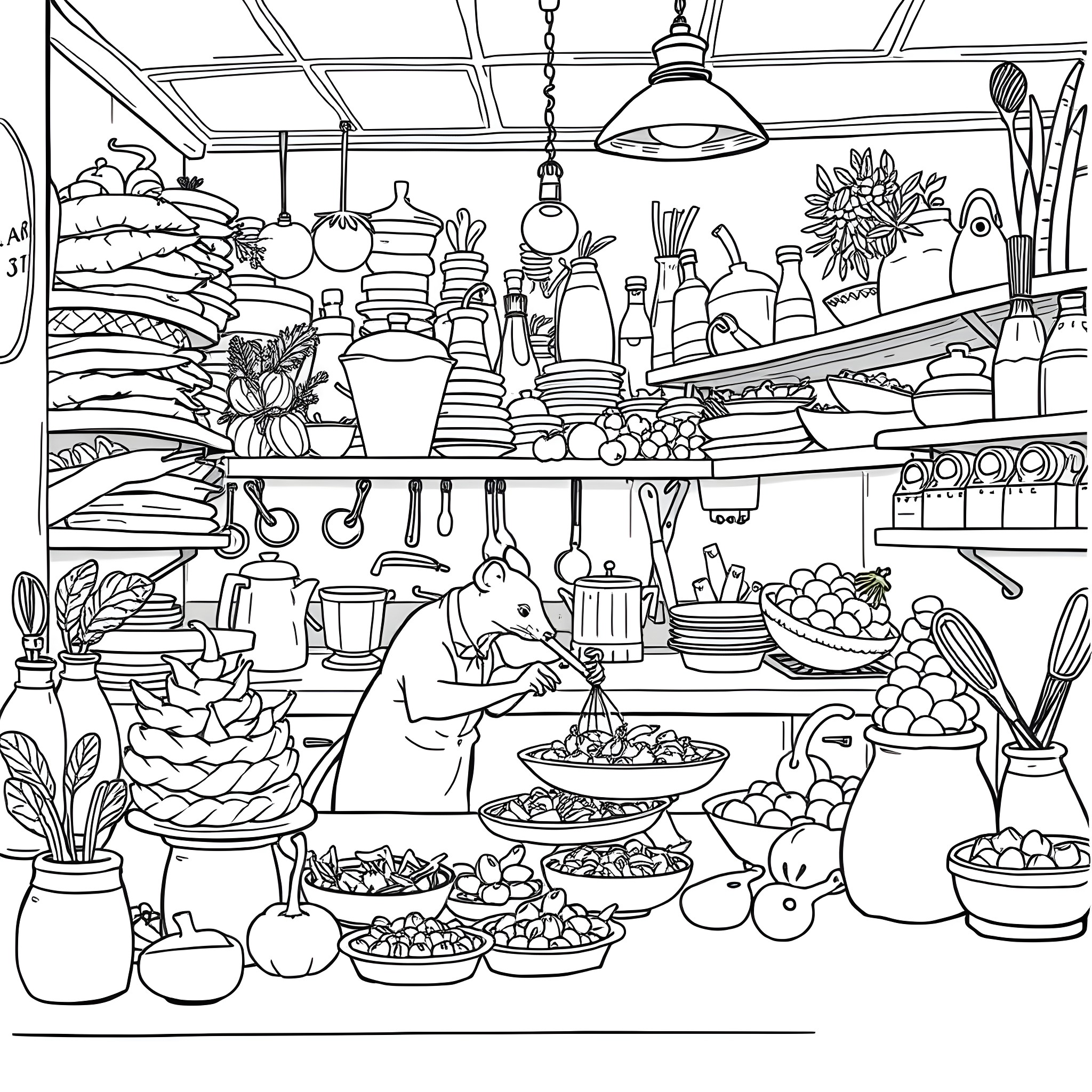 Ratatouille - Rat chef cooking in a cluttered kitchen Coloring Page (free black-and-white line drawing printable PDF for all, from beginners to advanced learners, including children, teens, adults, and seniors)