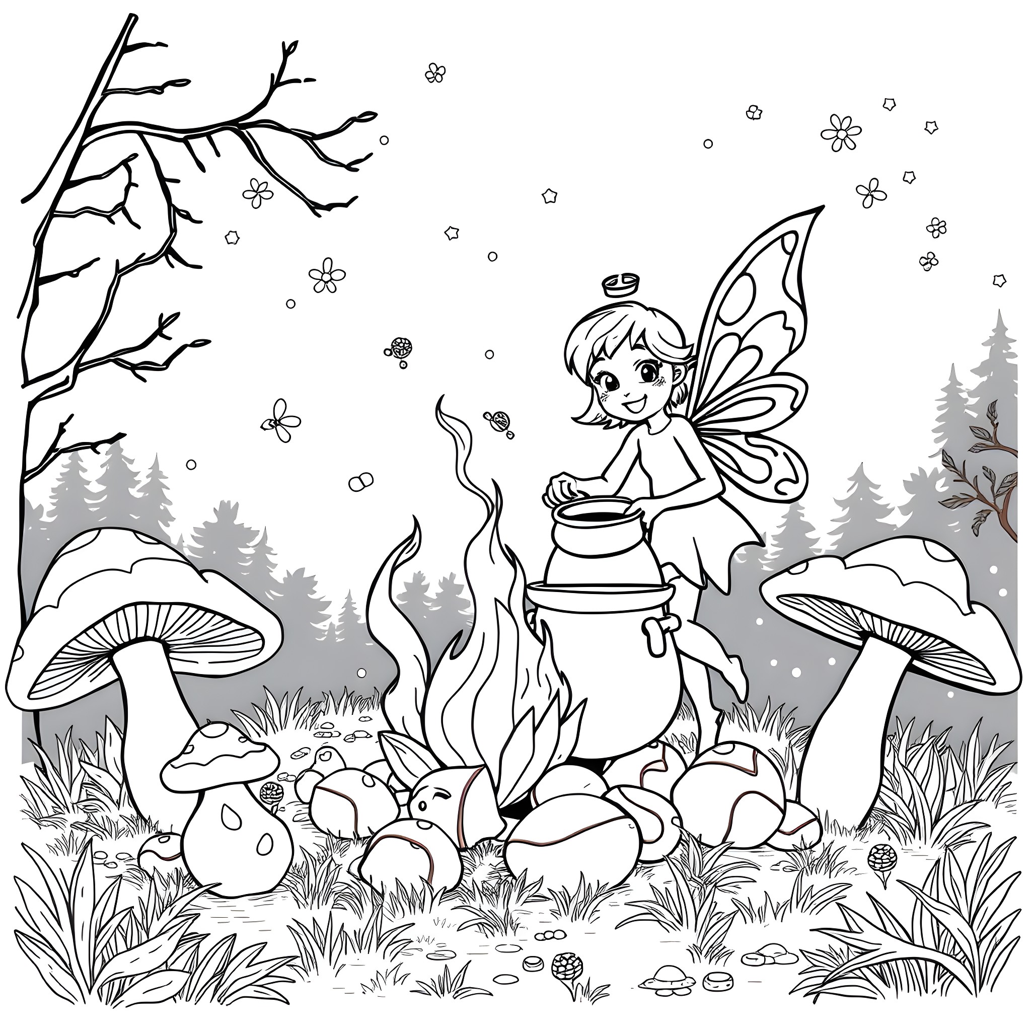 Fairy flying amidst mushrooms and forest Coloring Page (free black-and-white line drawing printable PDF for all, from beginners to advanced learners, including children, teens, adults, and seniors)