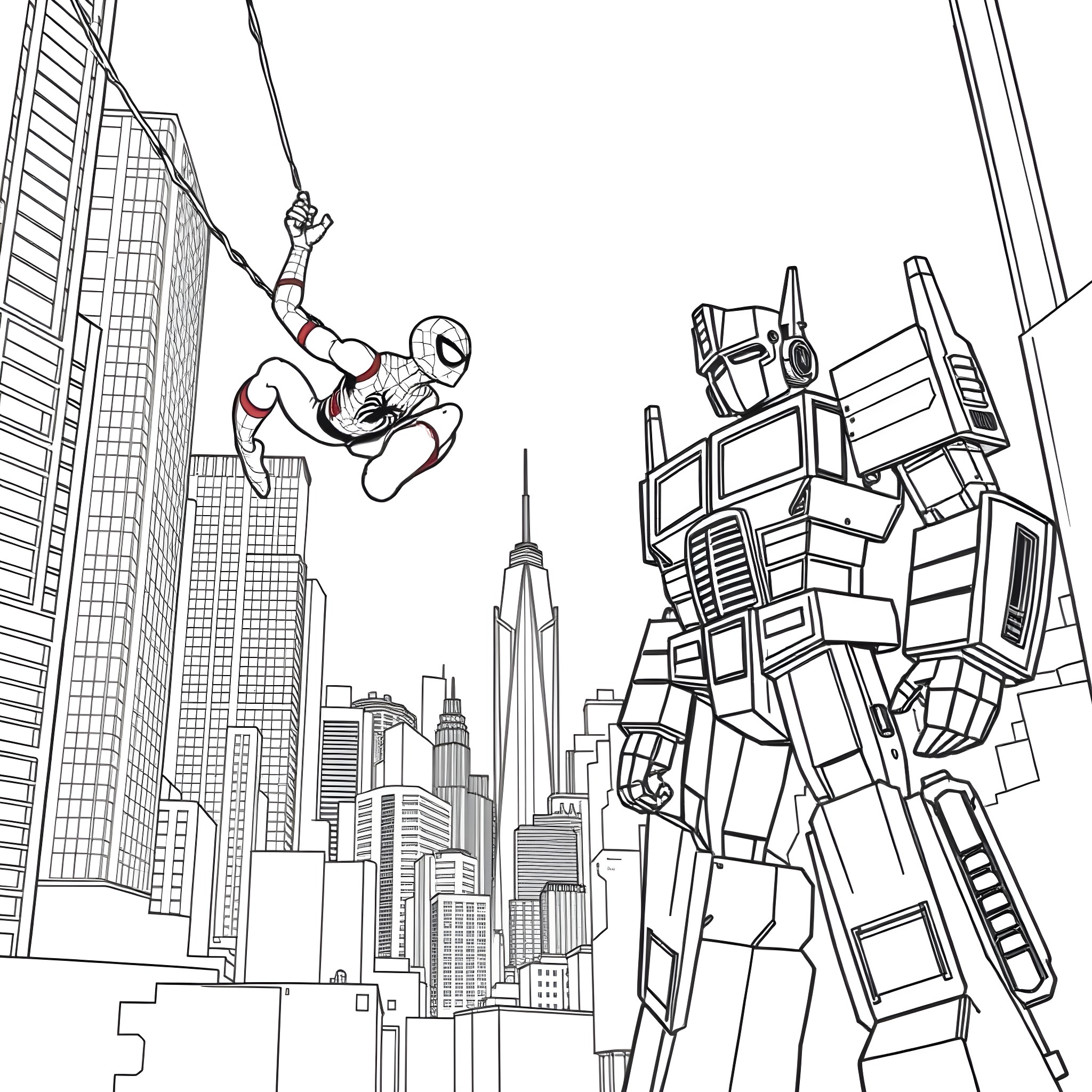 Spider-Man swinging through the city with Optimus Prime Coloring Page (free black-and-white line drawing printable PDF for all, from beginners to advanced learners, including children, teens, adults, and seniors)