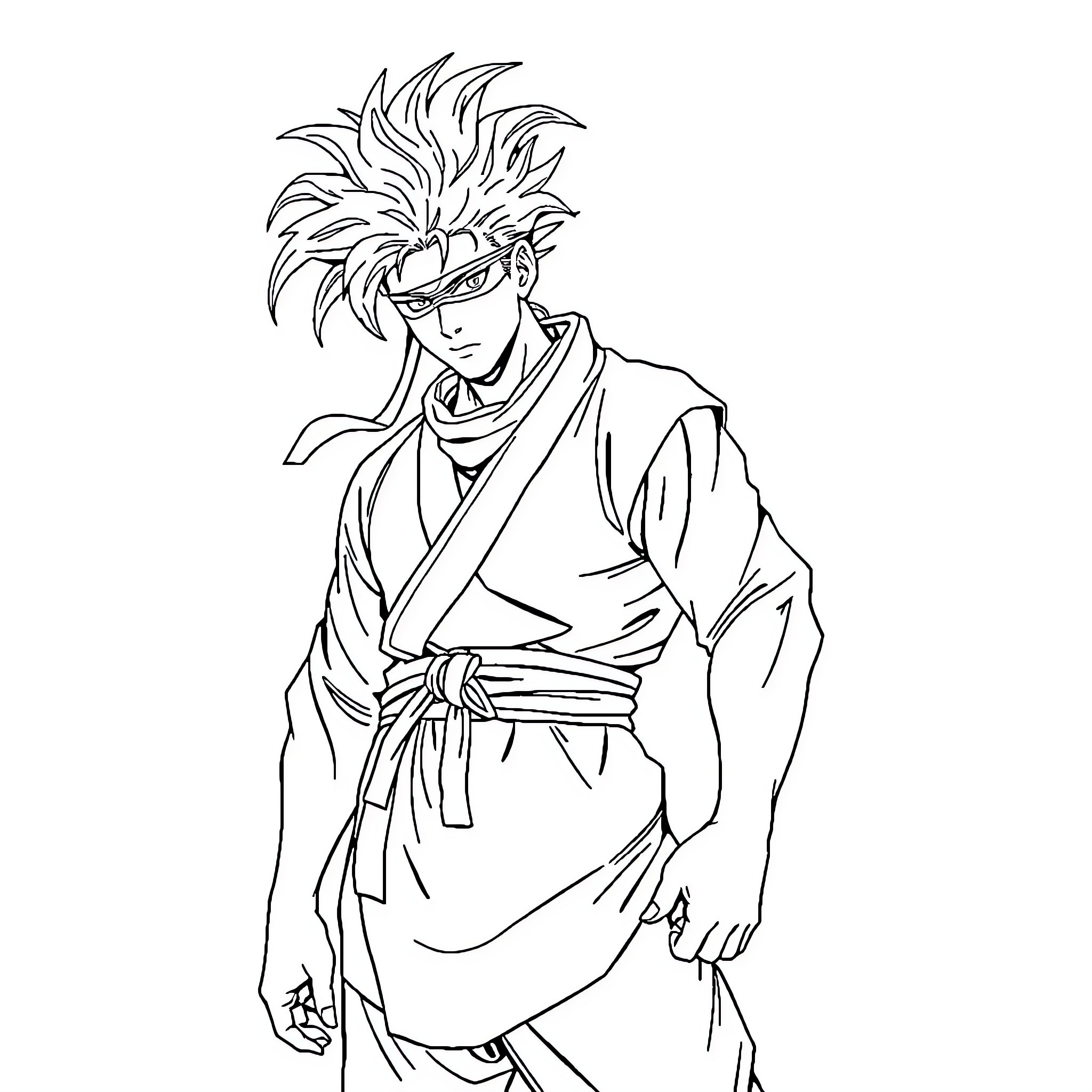 Gojo in Stylized Anime Attire Coloring Page (free black-and-white line drawing printable PDF for all, from beginners to advanced learners, including children, teens, adults, and seniors)