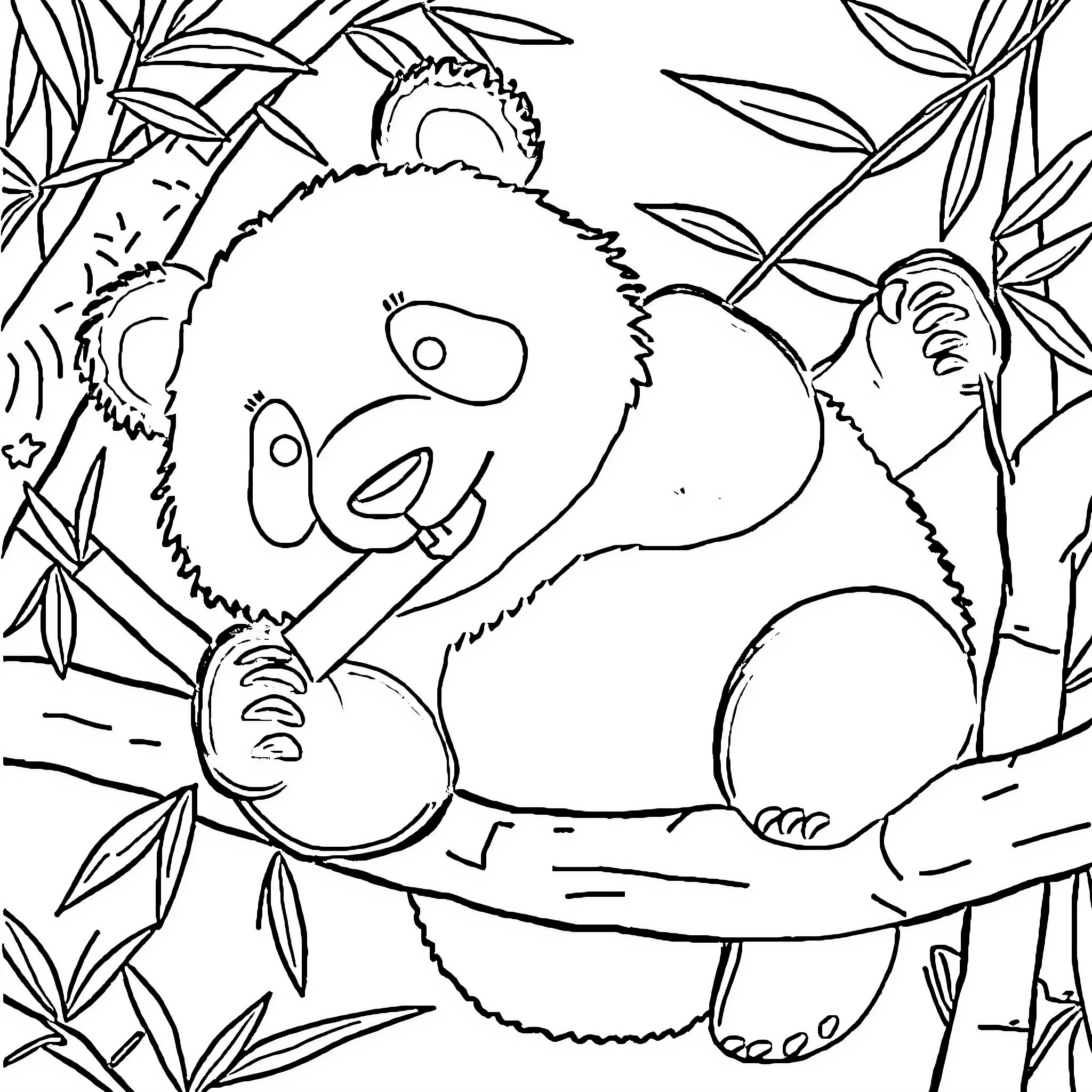 Panda relaxing amidst bamboo leaves Coloring Page (free black-and-white line drawing printable PDF for all, from beginners to advanced learners, including children, teens, adults, and seniors)