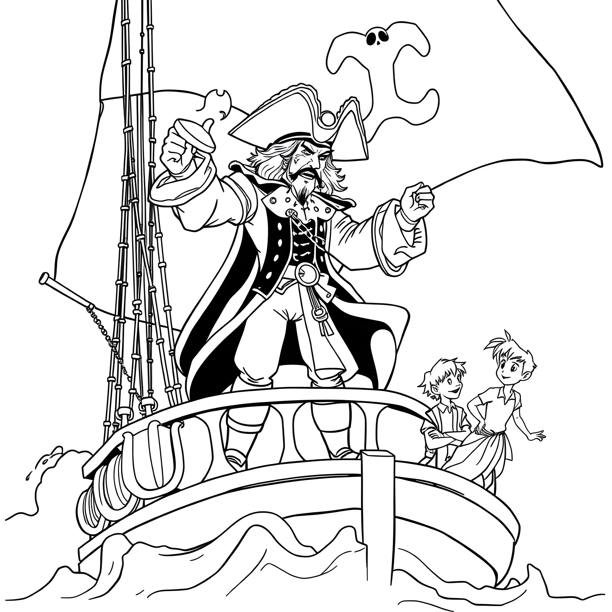 Captain Hook Commanding His Pirate Ship with Children Coloring Page (free black-and-white line drawing printable PDF for all, from beginners to advanced learners, including children, teens, adults, and seniors)