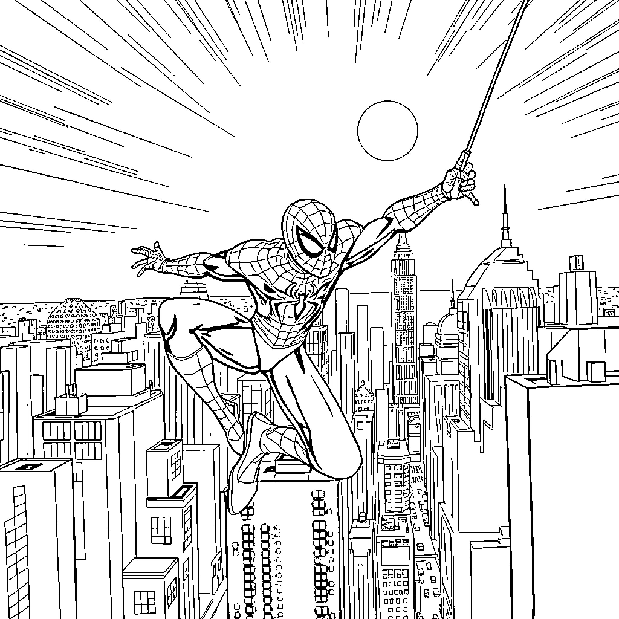 Spiderman swinging through the city skyline Coloring Page (free black-and-white line drawing printable PDF for all, from beginners to advanced learners, including children, teens, adults, and seniors)