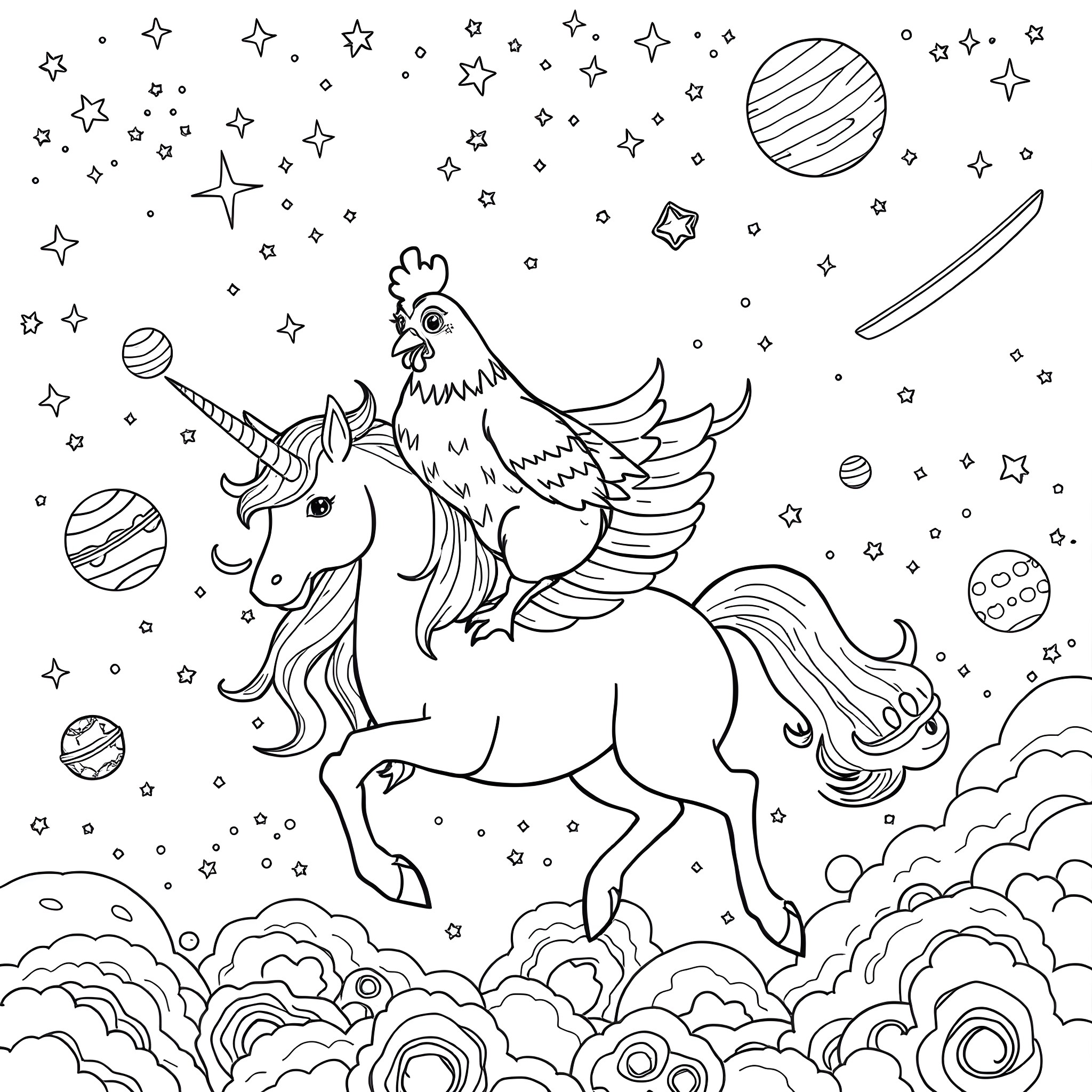 Chicken riding a magical unicorn in the starry night Coloring Page (free black-and-white line drawing printable PDF for all, from beginners to advanced learners, including children, teens, adults, and seniors)