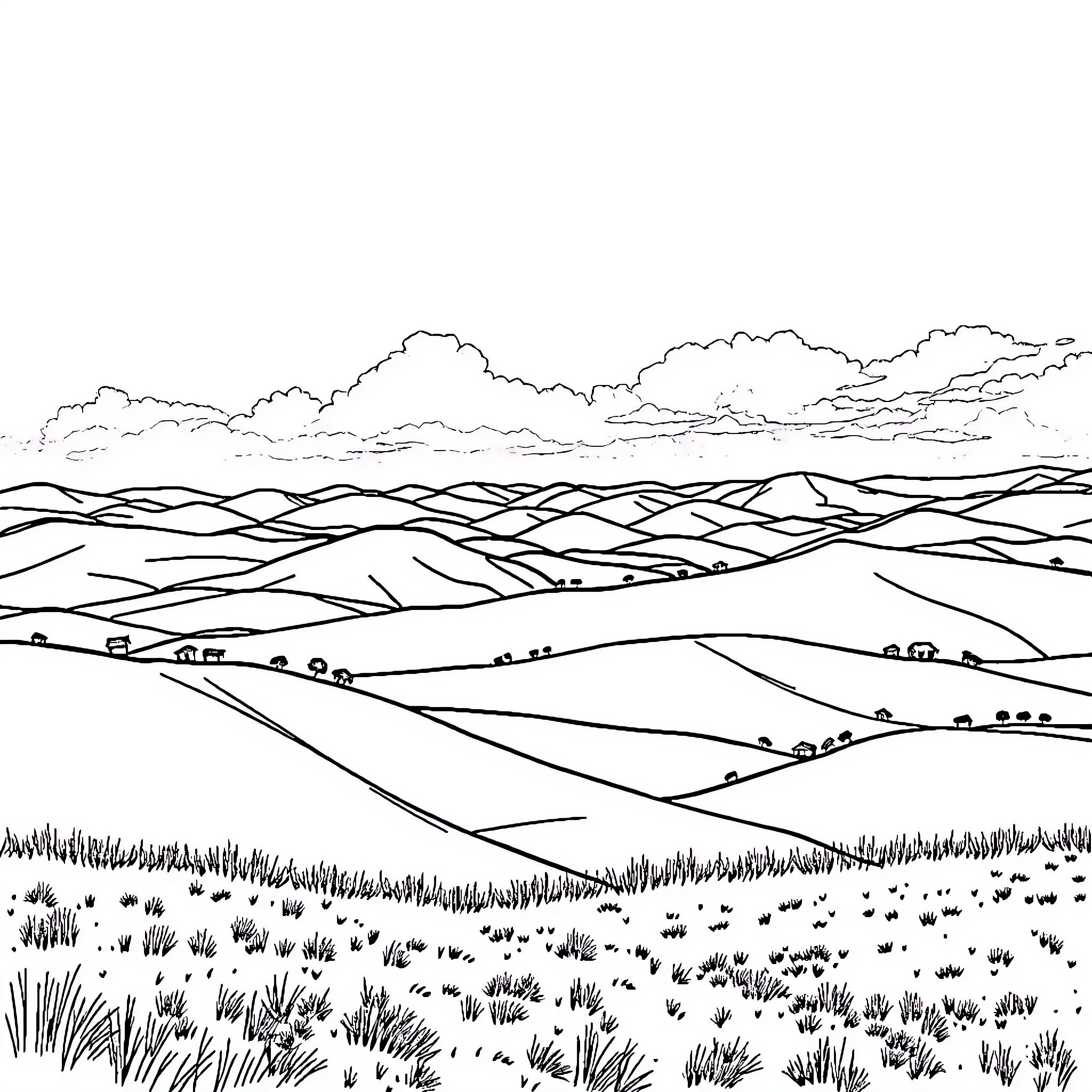 Scenery of rolling hills and cloudy sky Coloring Page (free black-and-white line drawing printable PDF for all, from beginners to advanced learners, including children, teens, adults, and seniors)