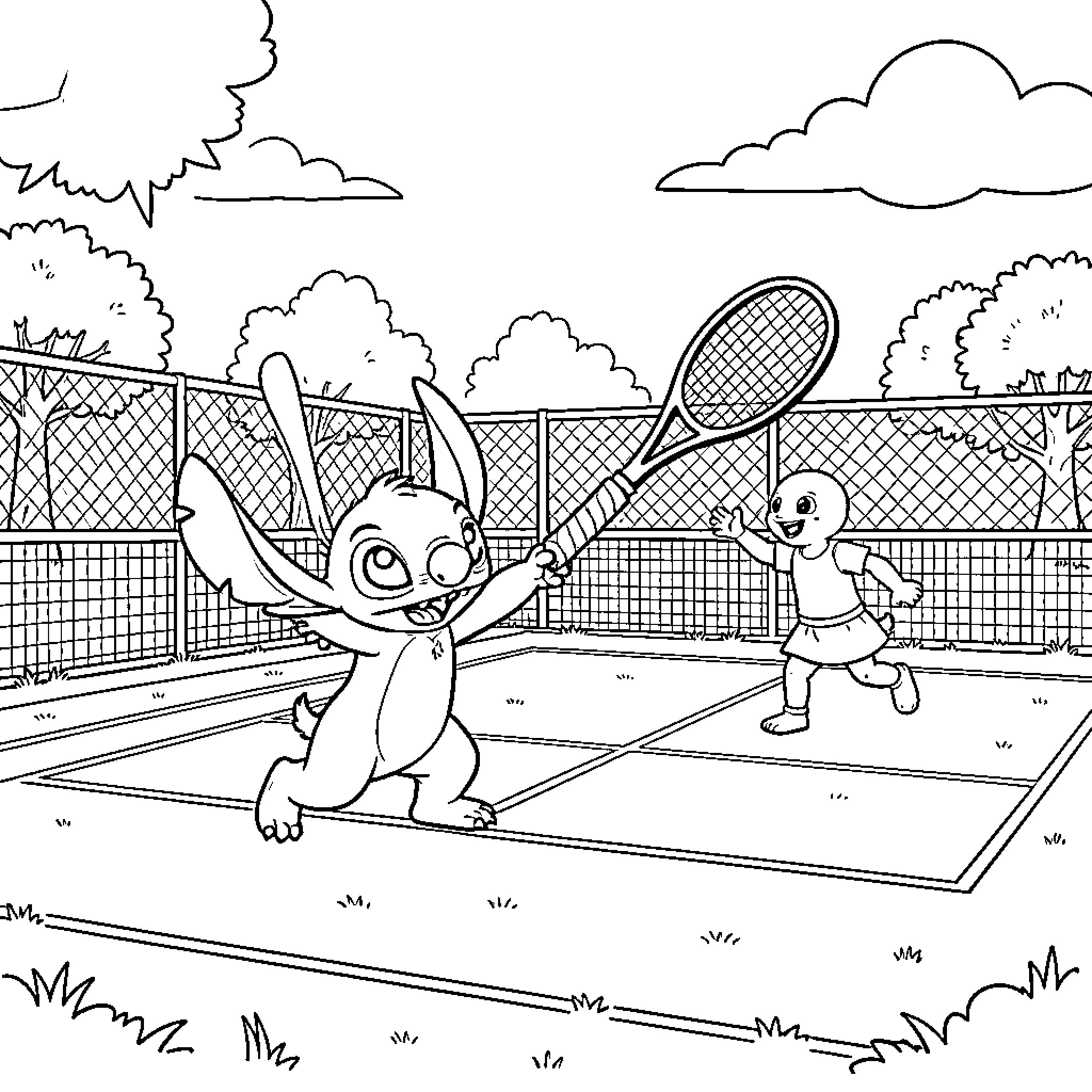 Lilo and Stitch playing tennis on a court Coloring Page (free black-and-white line drawing printable PDF for all, from beginners to advanced learners, including children, teens, adults, and seniors)