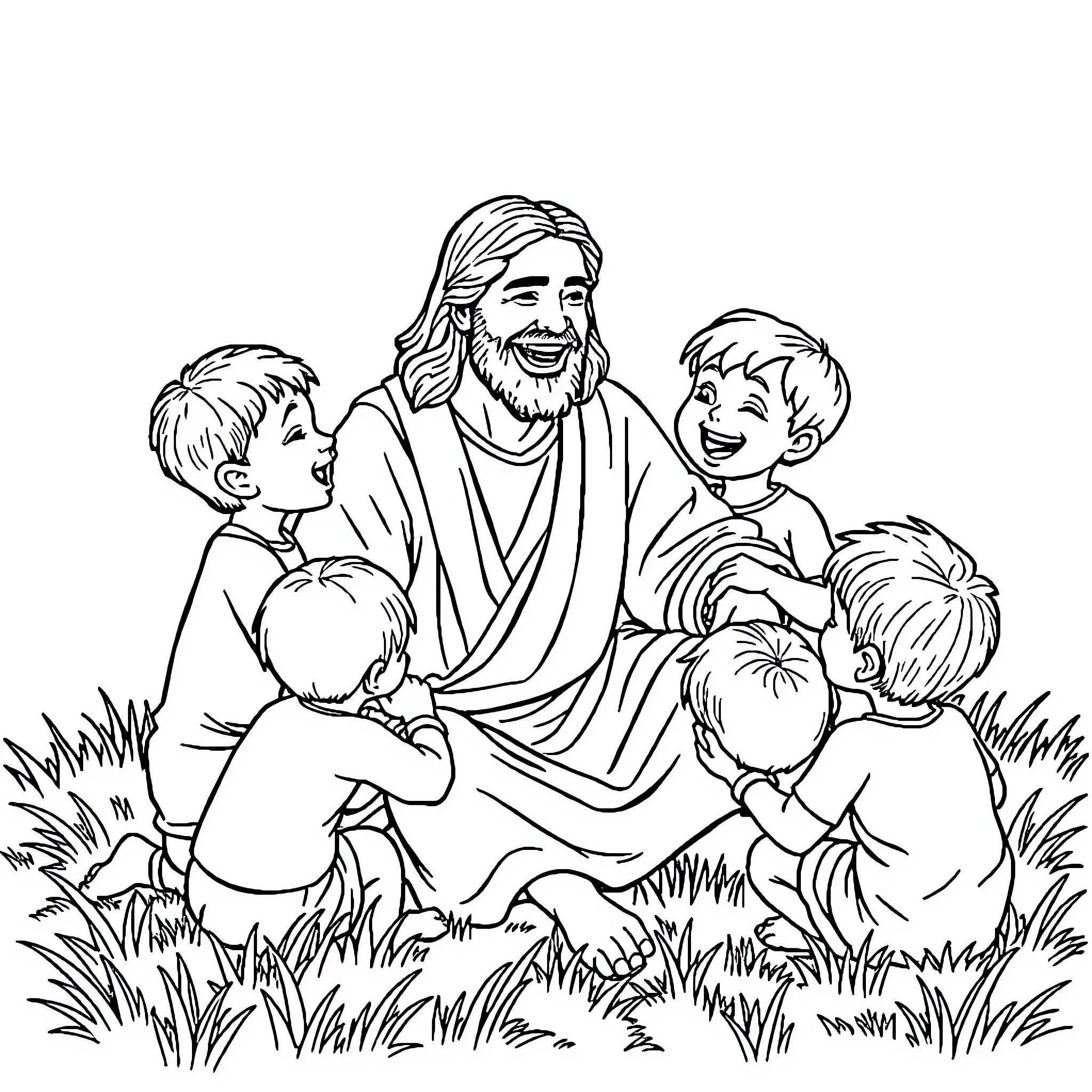 Jesus joyfully interacting with children in a grassy field Coloring Page (free black-and-white line drawing printable PDF for all, from beginners to advanced learners, including children, teens, adults, and seniors)
