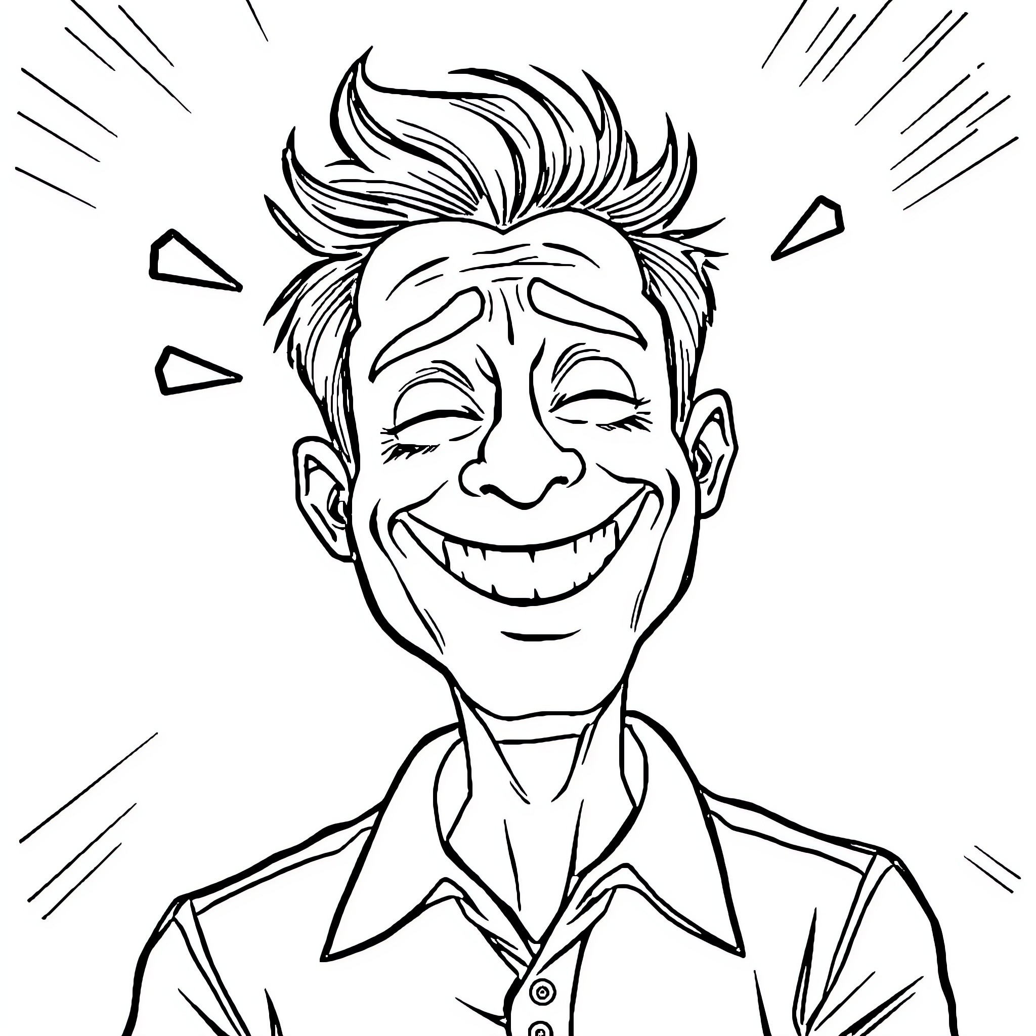 Guy laughing joyfully with messy hair Coloring Page (free black-and-white line drawing printable PDF for all, from beginners to advanced learners, including children, teens, adults, and seniors)