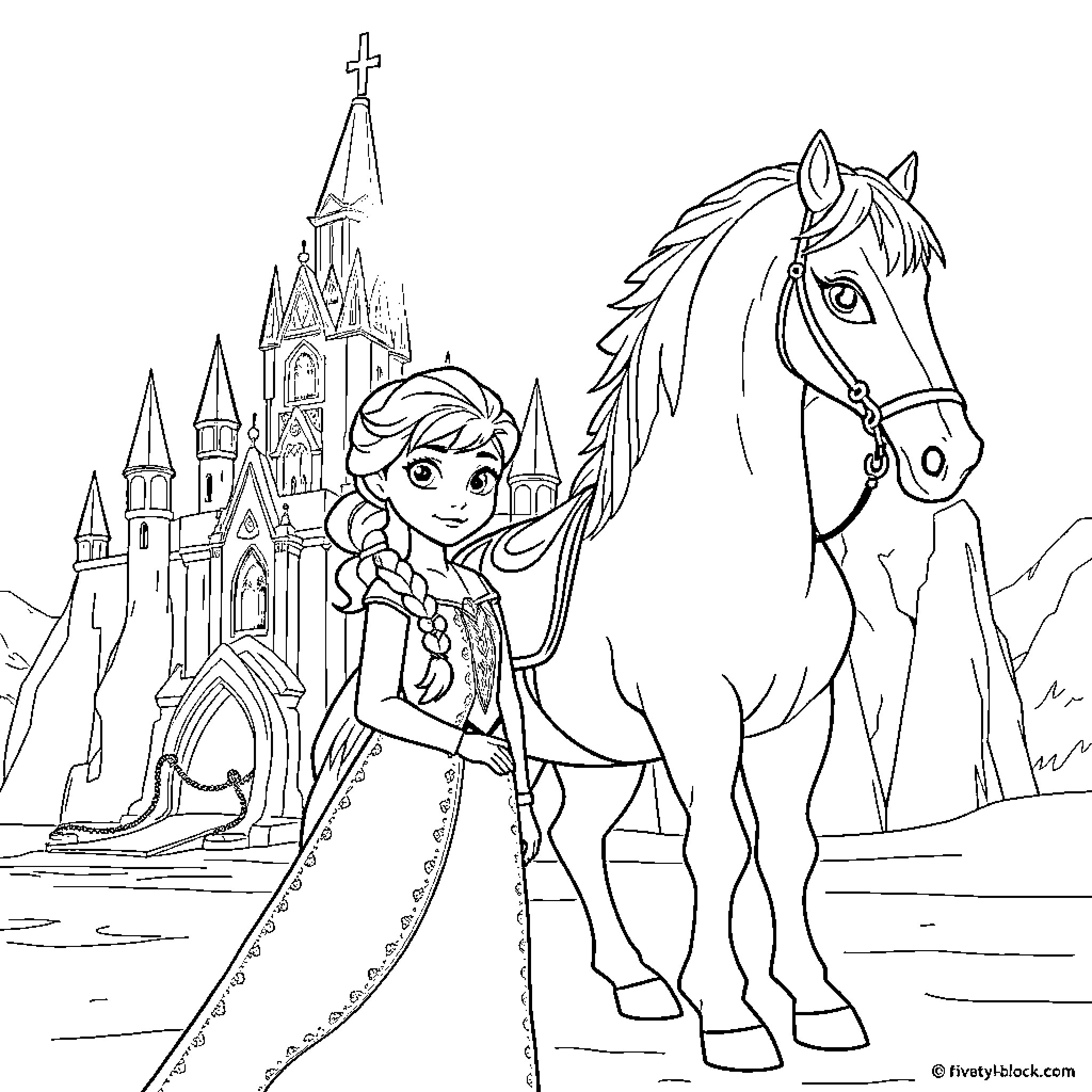 Ella's Regal Ride through the Castle Courtyard Coloring Page (free black-and-white line drawing printable PDF for all, from beginners to advanced learners, including children, teens, adults, and seniors)