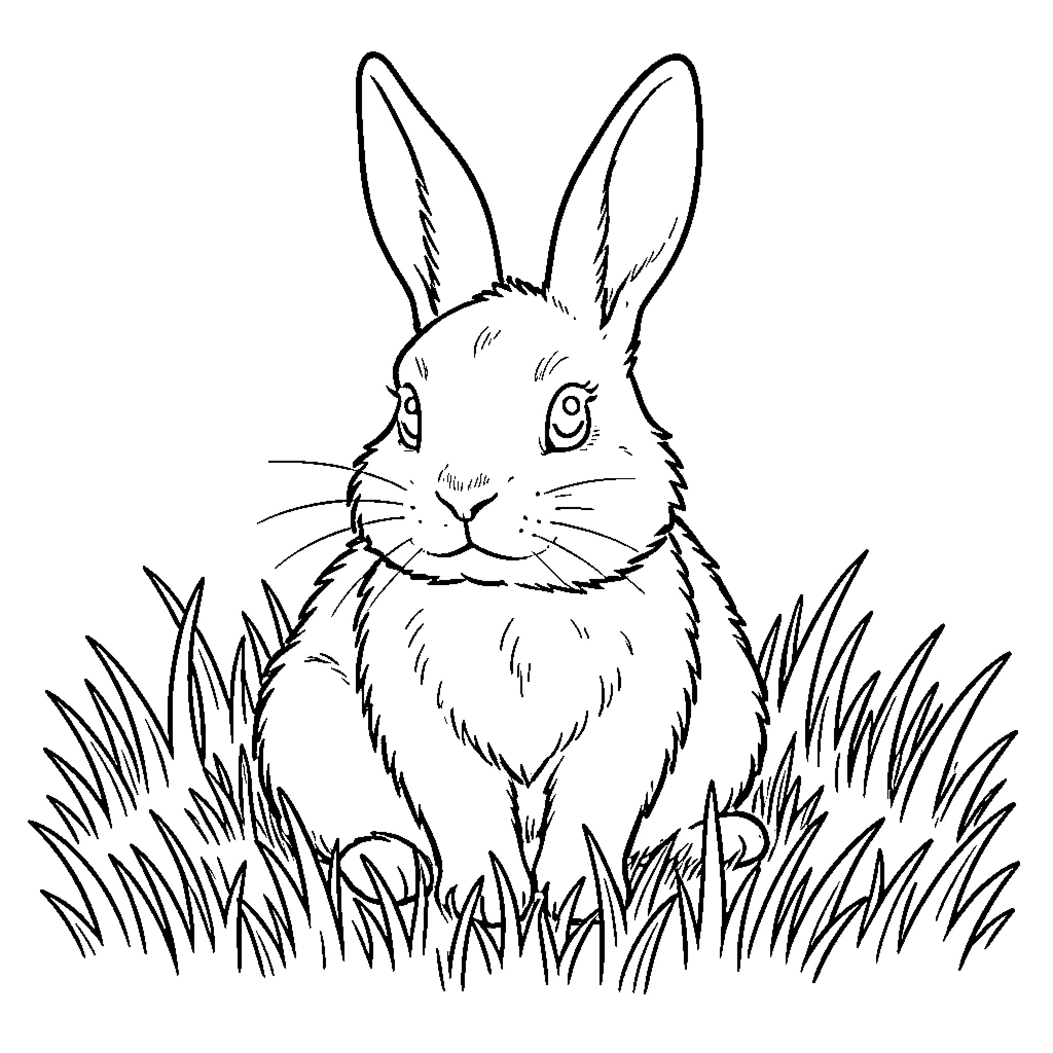 Bunny sitting amid lush greenery Coloring Page (free black-and-white line drawing printable PDF for all, from beginners to advanced learners, including children, teens, adults, and seniors)