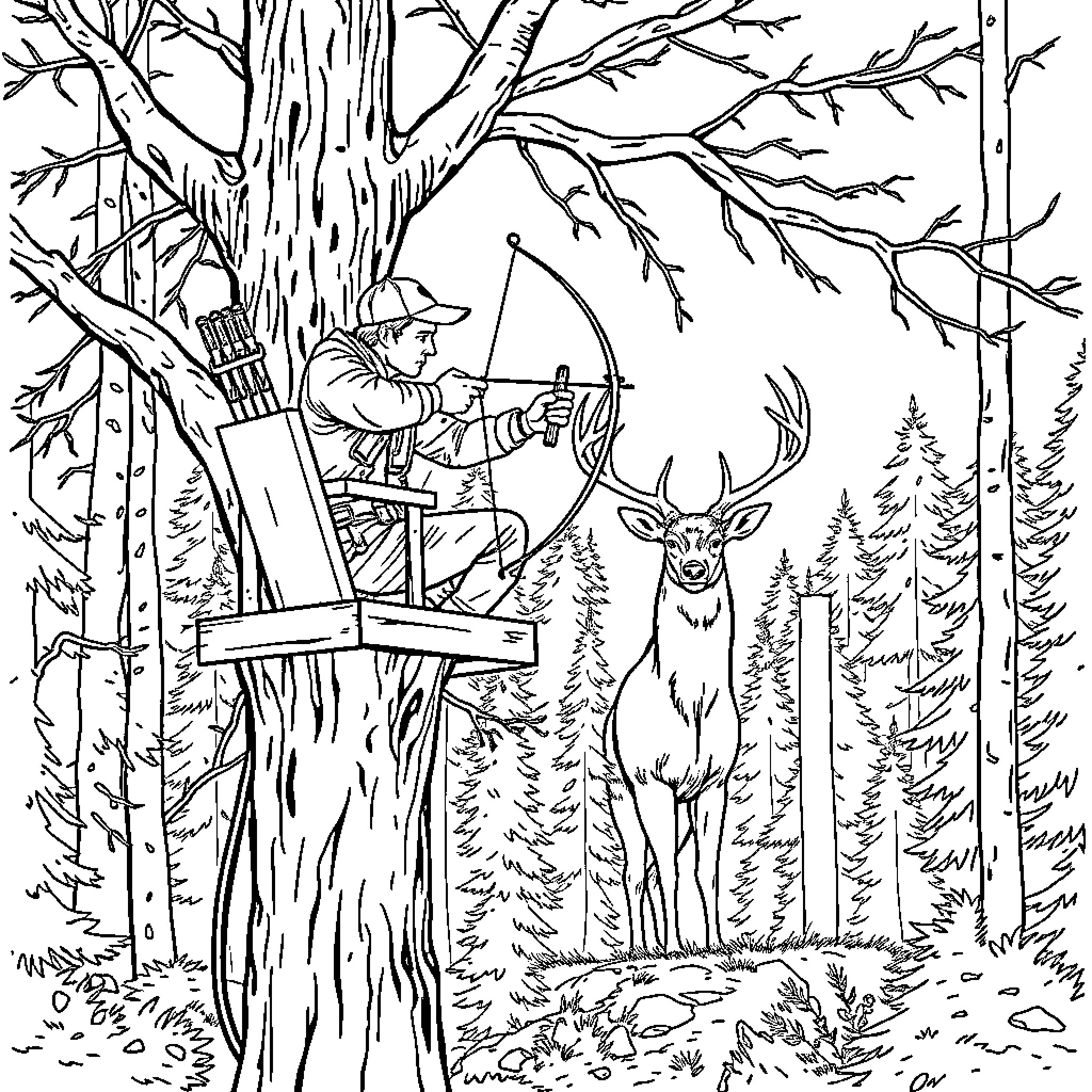 Bowhunter perched in a tree aiming at a deer in the forest Coloring Page (free black-and-white line drawing printable PDF for all, from beginners to advanced learners, including children, teens, adults, and seniors)