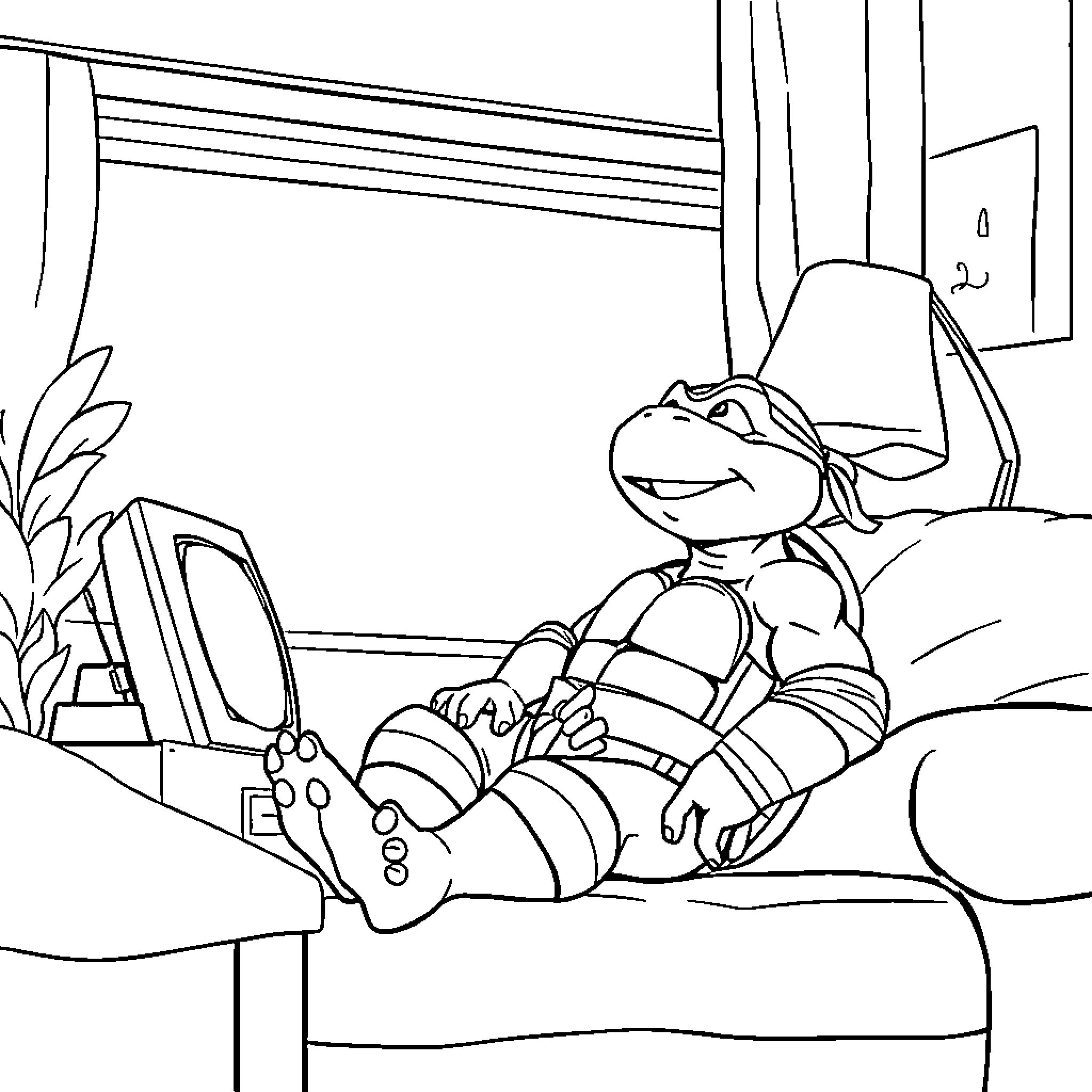 Ninja Turtle relaxing on the couch Coloring Page (free black-and-white line drawing printable PDF for all, from beginners to advanced learners, including children, teens, adults, and seniors)