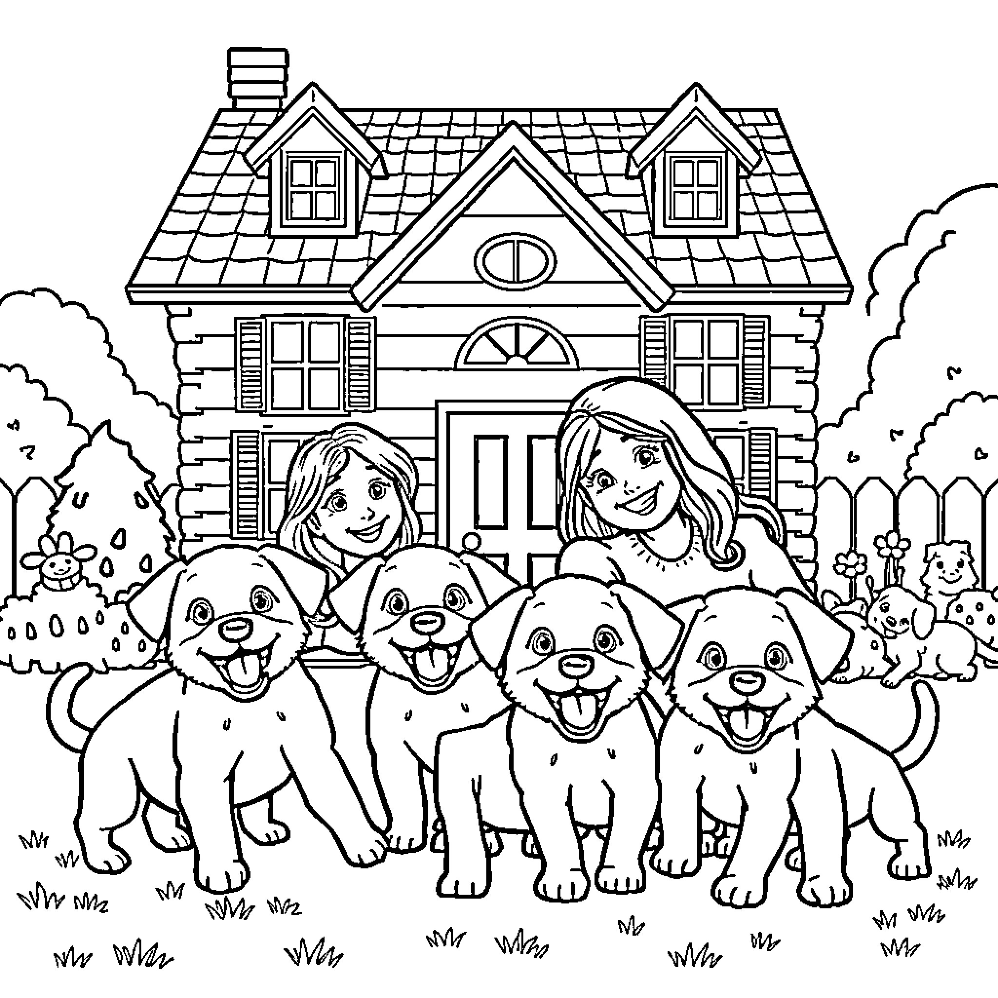 Puppy friends playing happily in front of a cozy house Coloring Page (free black-and-white line drawing printable PDF for all, from beginners to advanced learners, including children, teens, adults, and seniors)